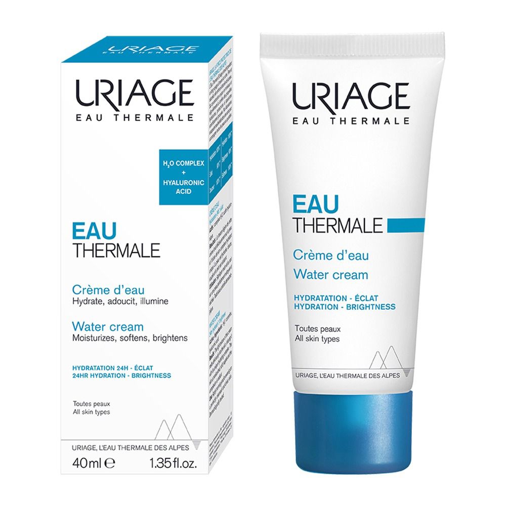 Tubo di prodotto e confezione. Testo: URIAGE EAU THERMALE, Water cream. 40ml, 1.35 fl.oz.