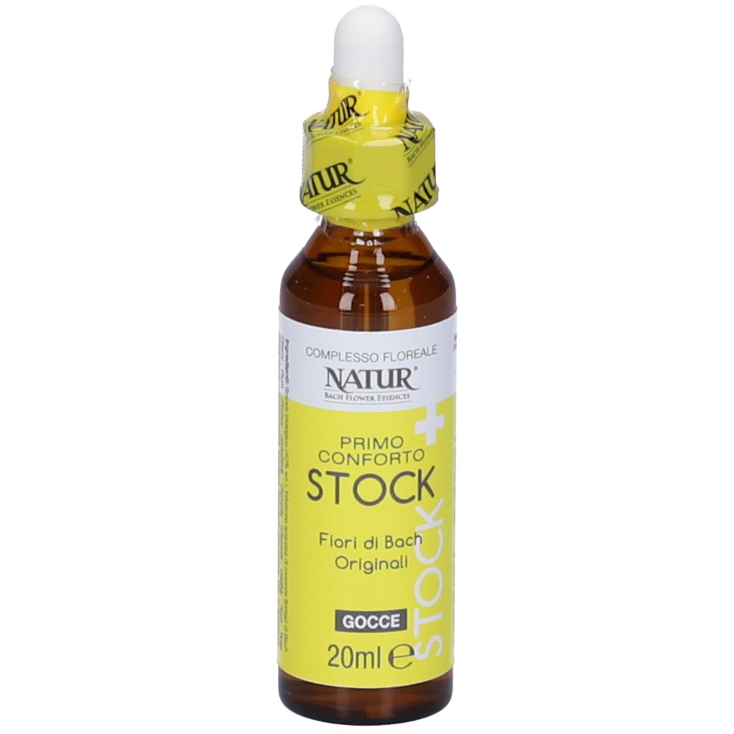 Flacone di vetro marrone con etichetta gialla. Scritto: Primo Conforto Stock, 20 ml. Con contagocce.