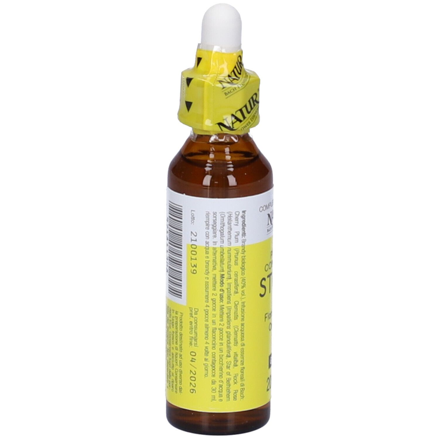 Flacone di vetro marrone con etichetta gialla. Scritto: Primo Conforto Stock, 20 ml. Con contagocce.