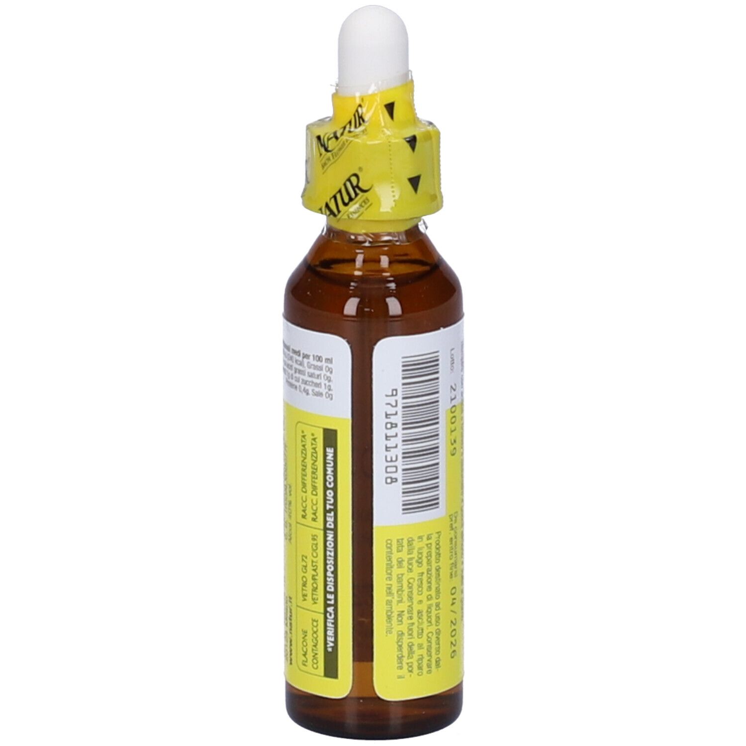 Flacone di vetro marrone con etichetta gialla. Scritto: Primo Conforto Stock, 20 ml. Con contagocce.