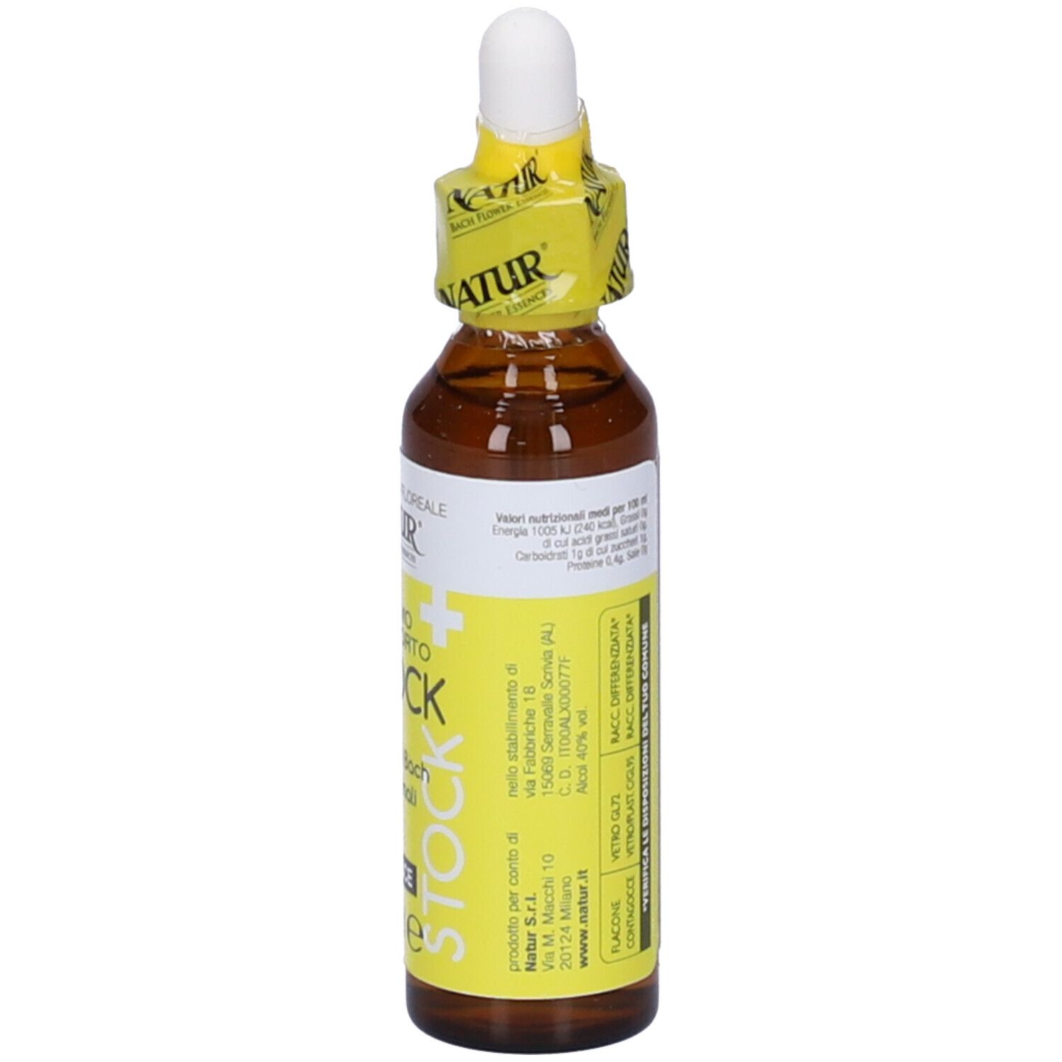 Flacone di vetro marrone con etichetta gialla. Scritto: Primo Conforto Stock, 20 ml. Con contagocce.
