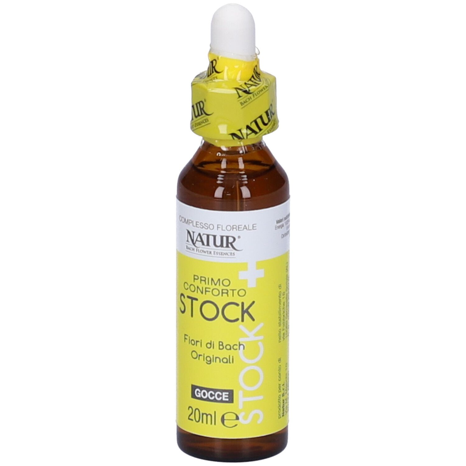 Flacone di vetro marrone con etichetta gialla. Scritto: Primo Conforto Stock, 20 ml. Con contagocce.