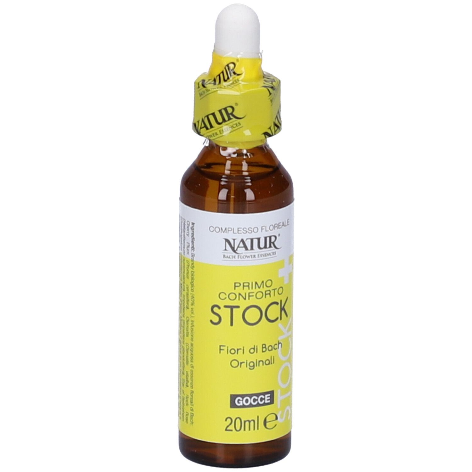 Flacone di vetro marrone con etichetta gialla. Scritto: Primo Conforto Stock, 20 ml. Con contagocce.