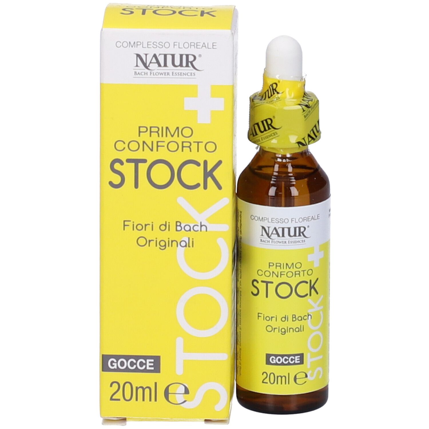 Flacone di vetro marrone con etichetta gialla e scatola. Scritto: Primo Conforto Stock, 20 ml.