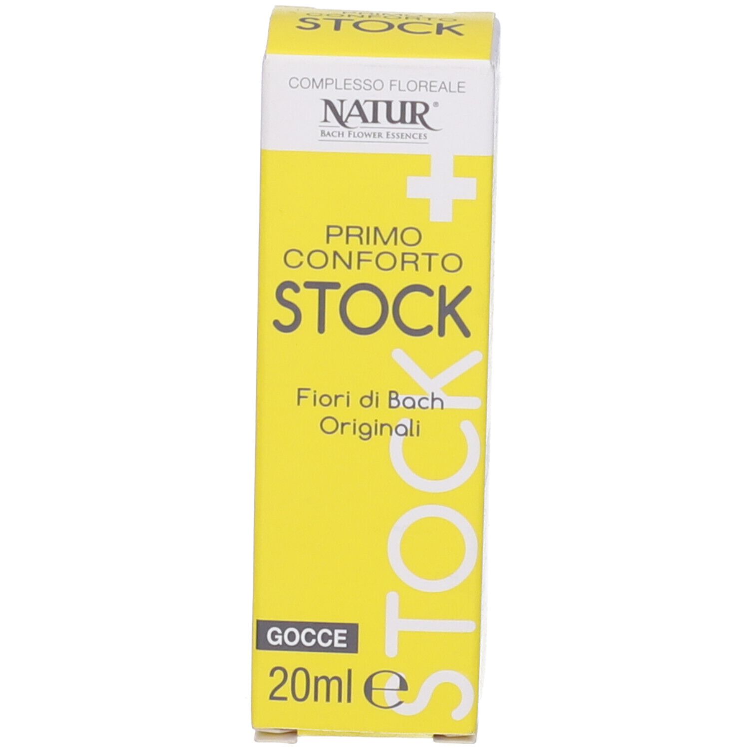 Scatola gialla con scritto: Primo Conforto Stock, 20 ml. Flacone di vetro marrone con contagocce.