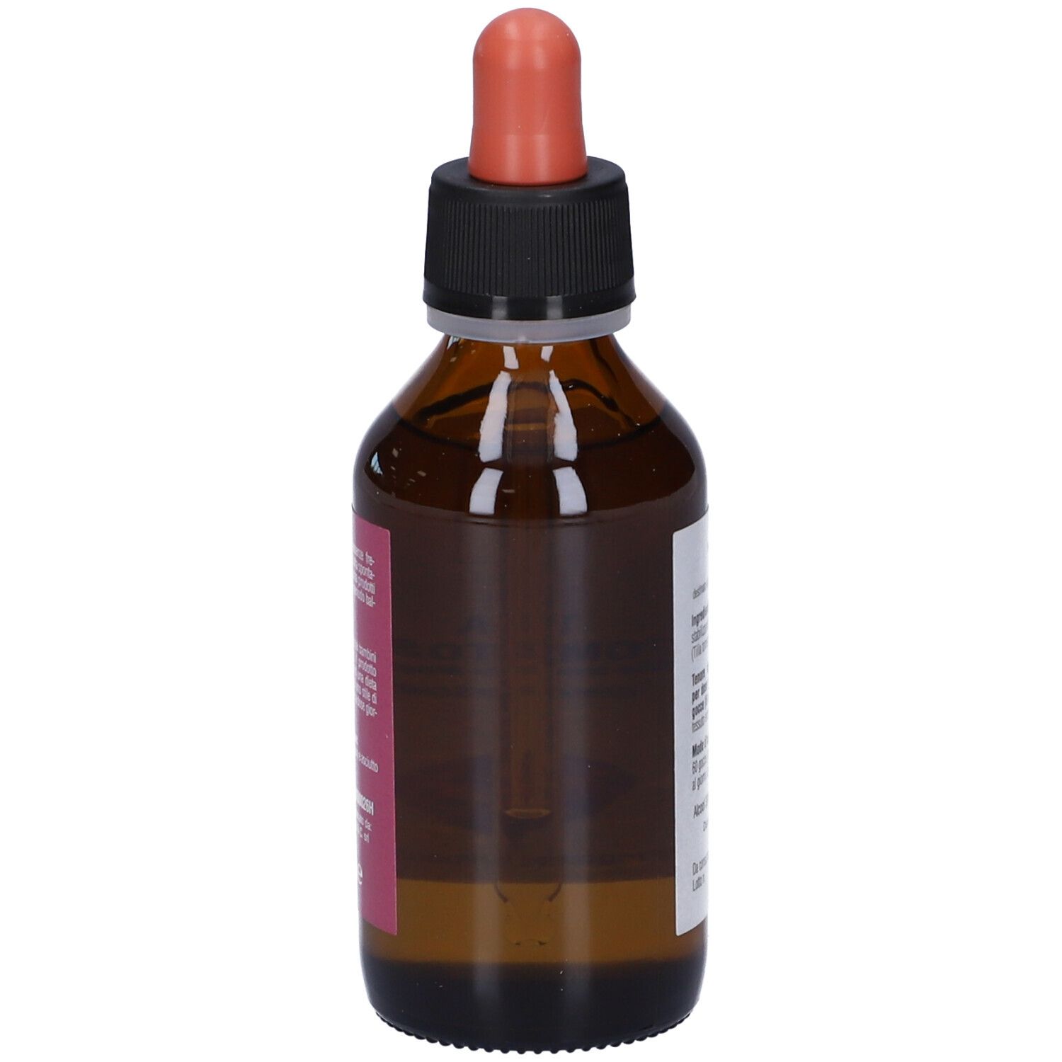 Flacone di vetro marrone con tappo nero e contagocce rosso. Etichetta con informazioni. Vista laterale.