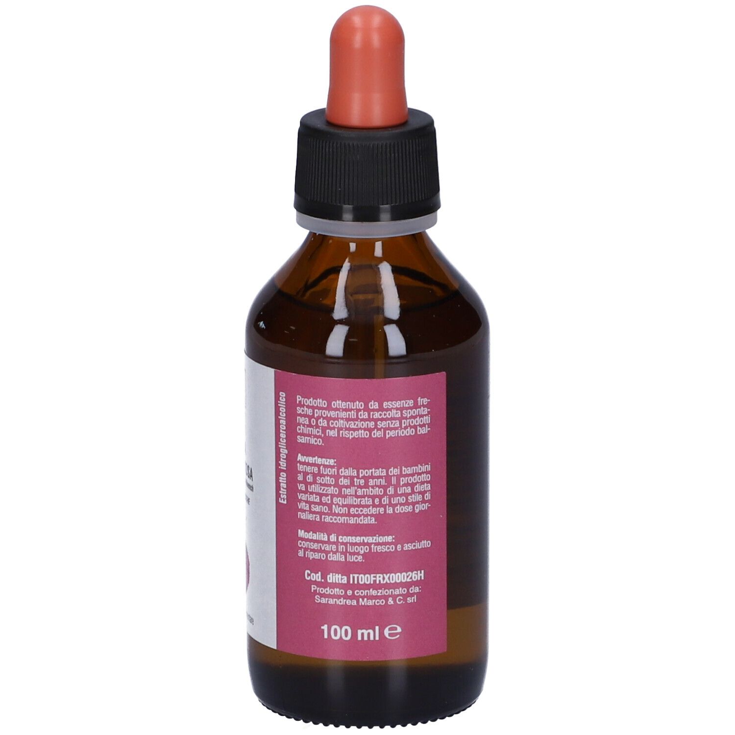 Flacone di vetro marrone con tappo nero e contagocce rosso. Etichetta con avvertenze e informazioni produttore.