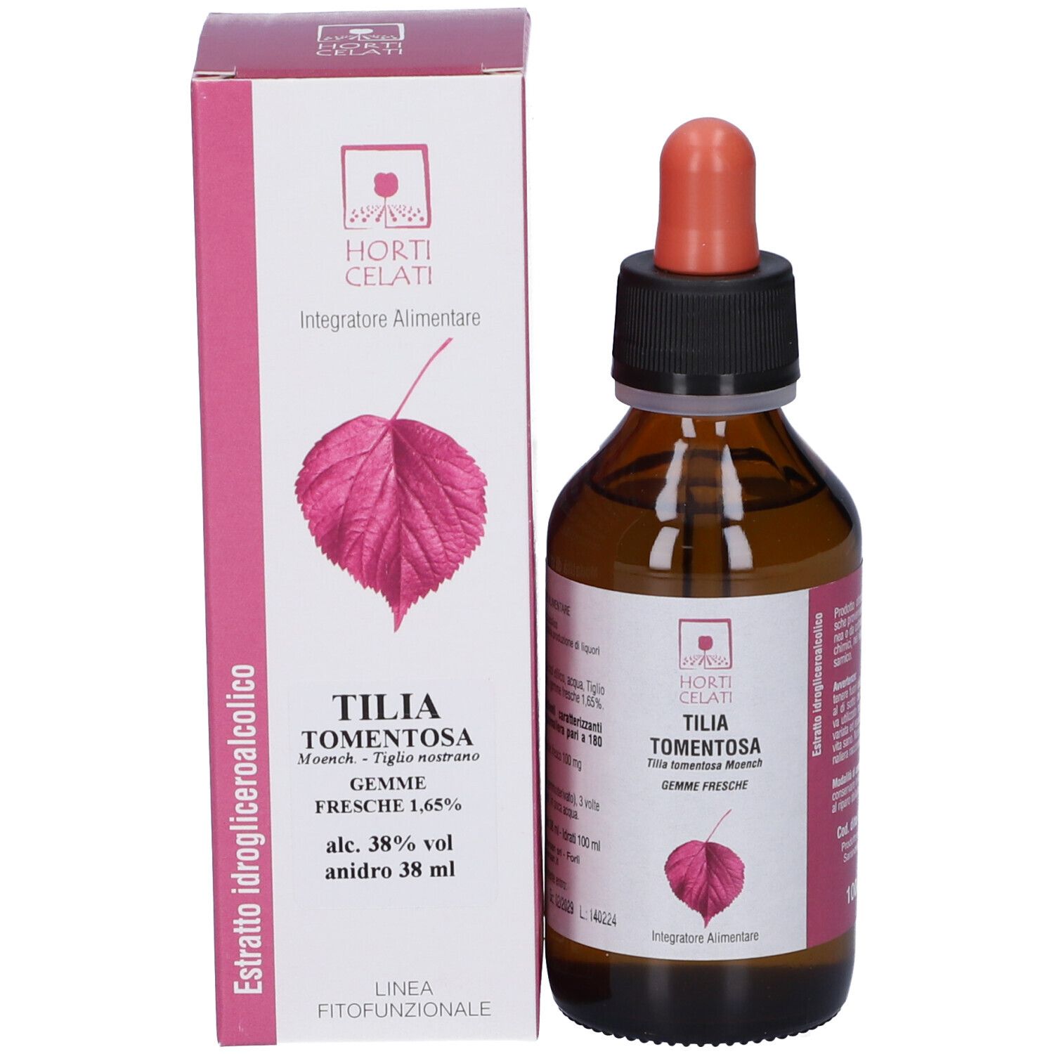 Flacone di vetro marrone con tappo nero e contagocce rosso accanto a una confezione. Confezione con logo e nome del prodotto.