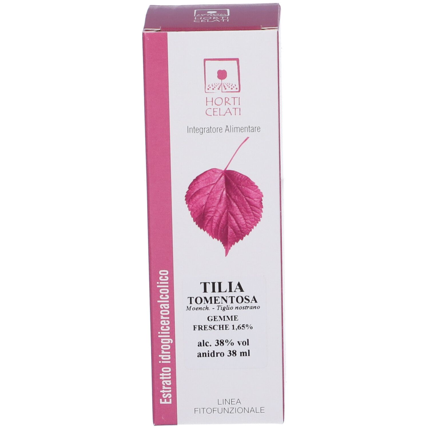 Confezione con logo, nome del prodotto e informazioni. Design rosa e bianco. Forma quadrata.