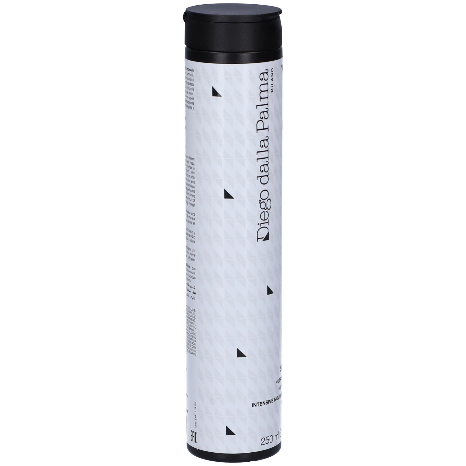 Flacone cilindrico bianco e nero con tappo nero. Scritta: Diego dalla Palma. Triangoli neri e testo. Vista posteriore.