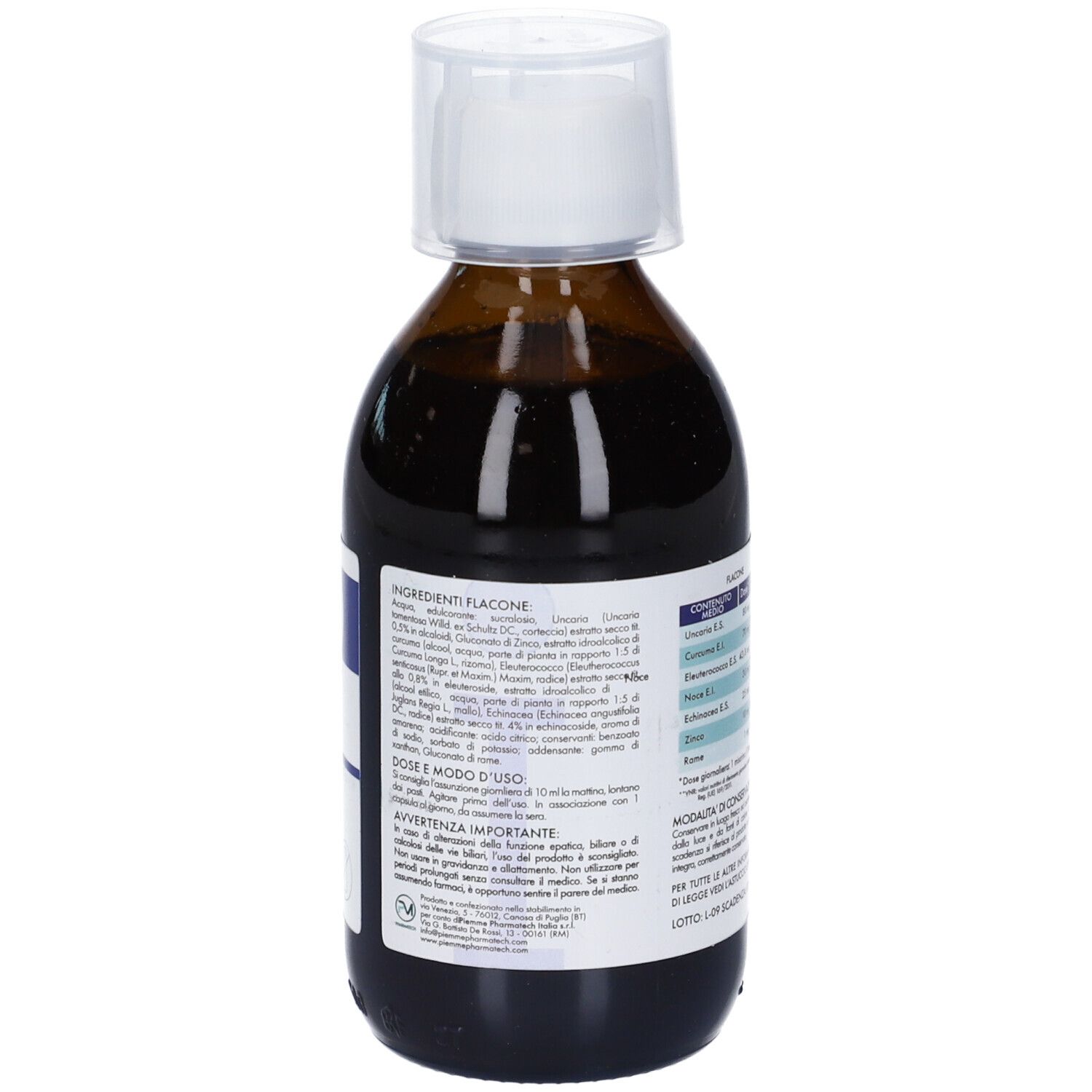 Flacone di vetro marrone con tappo bianco. Retro con informazioni sugli ingredienti e istruzioni per l'uso. Liquido visibile.