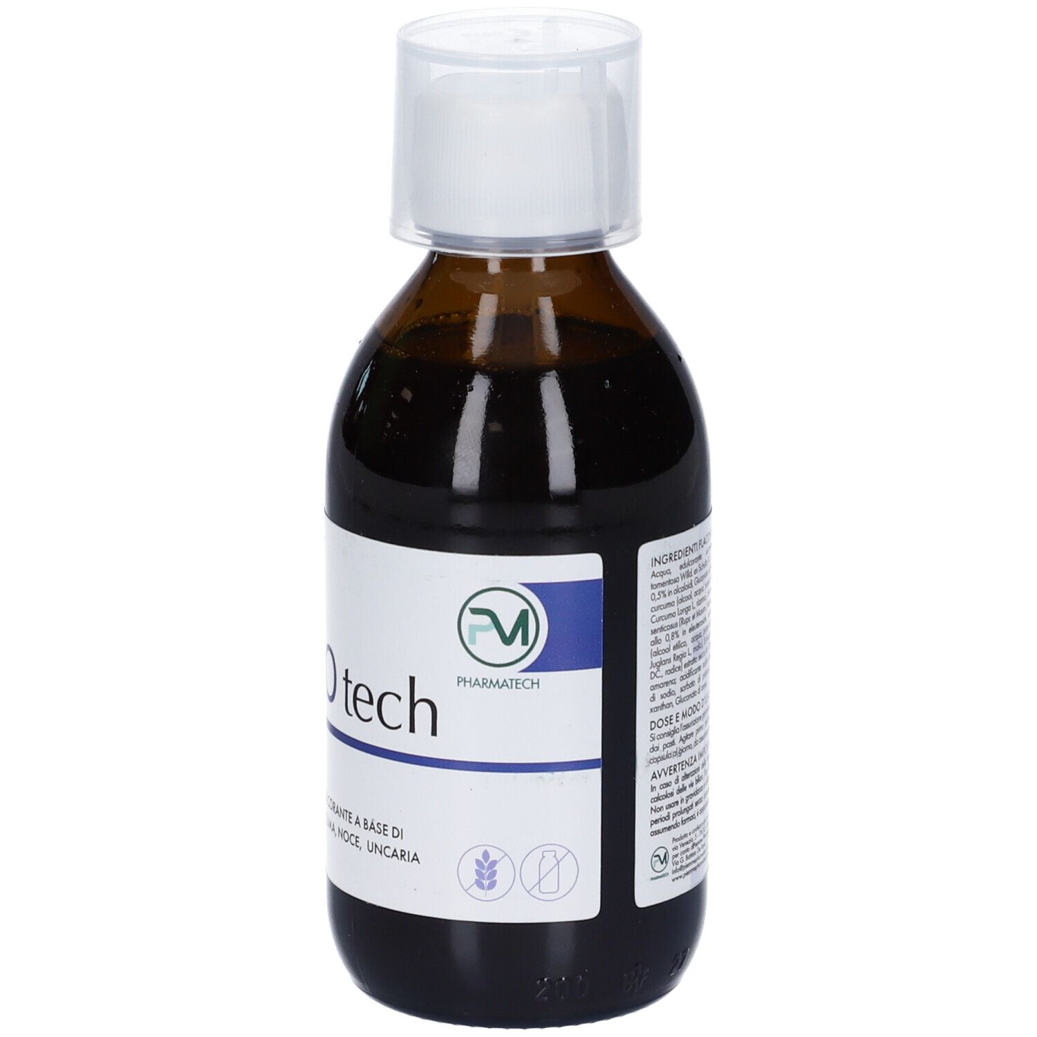 Flacone di vetro marrone con tappo bianco. Etichetta con logo e nome del prodotto. Liquido visibile.