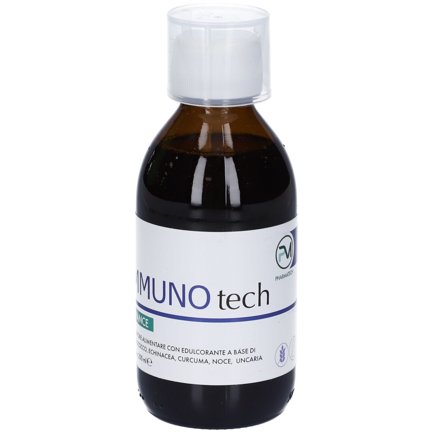 Flacone di vetro marrone con tappo bianco. Etichetta con nome del prodotto e logo. Liquido visibile.