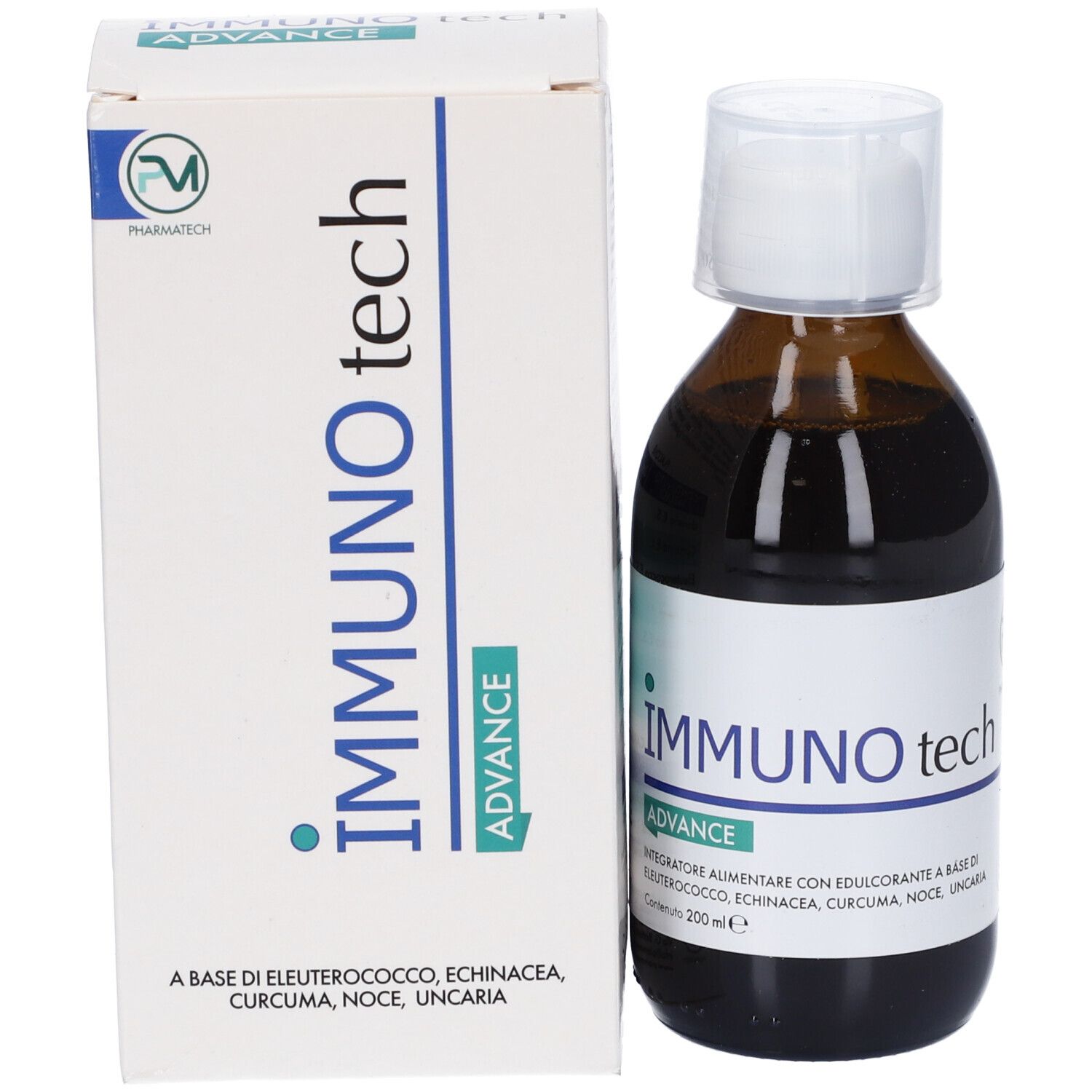 Flacone del prodotto accanto alla confezione. Confezione con nome del prodotto e logo. Flacone marrone con tappo bianco.