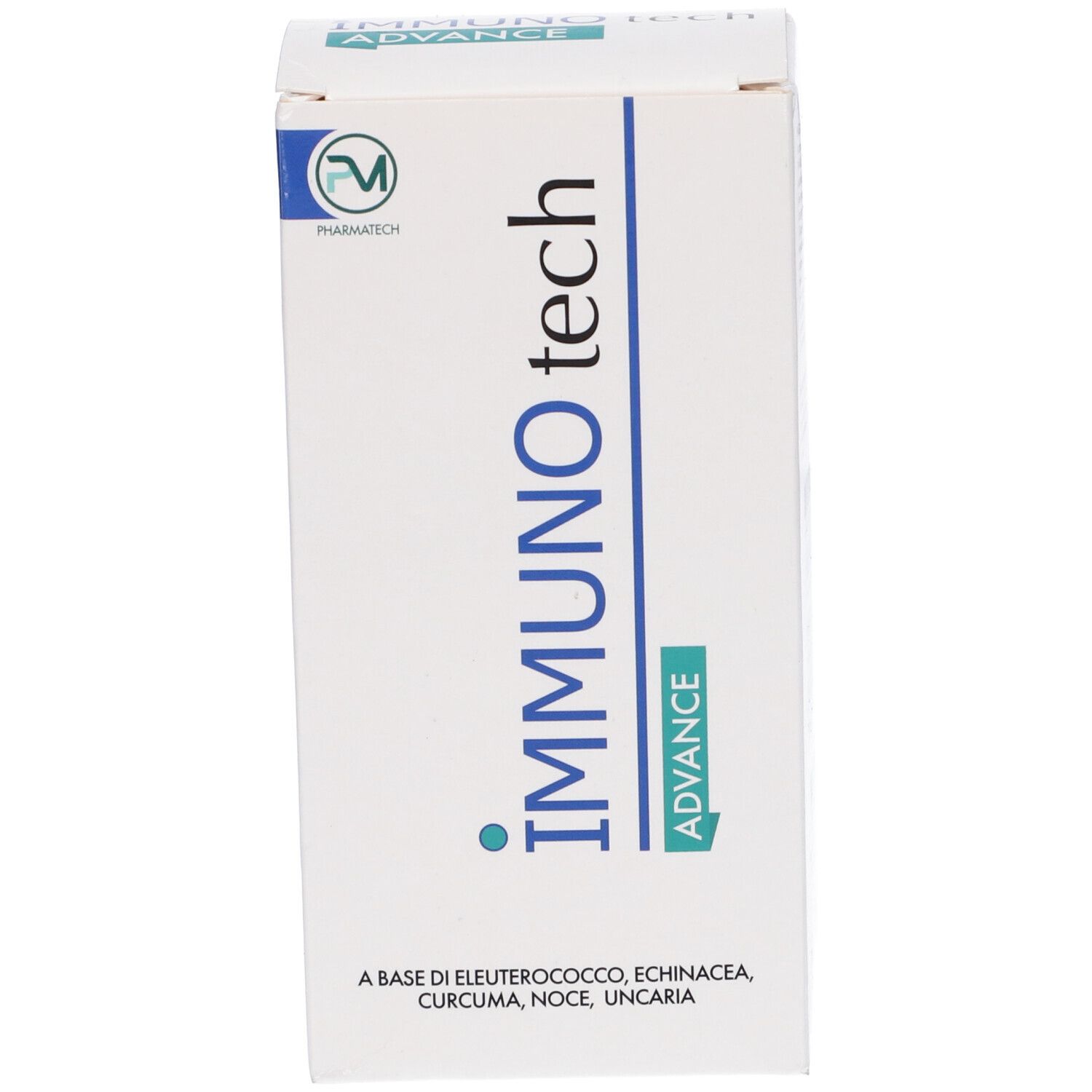 Confezione bianca con nome del prodotto e logo. Testo con ingredienti. Accenti blu e verdi.