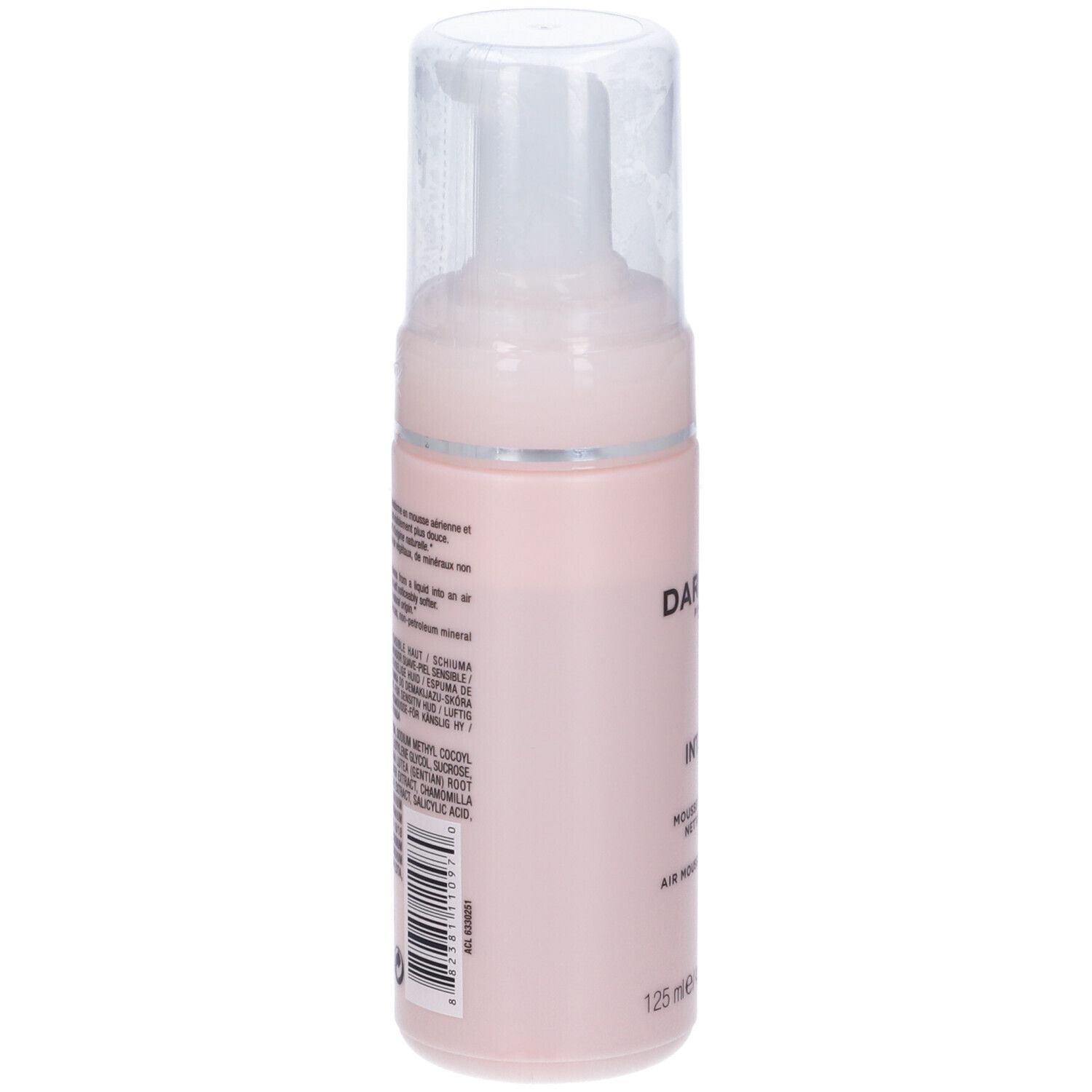 Flacone rosa con erogatore trasparente. Testo e codice a barre sul lato. Capacità: 125 ml.