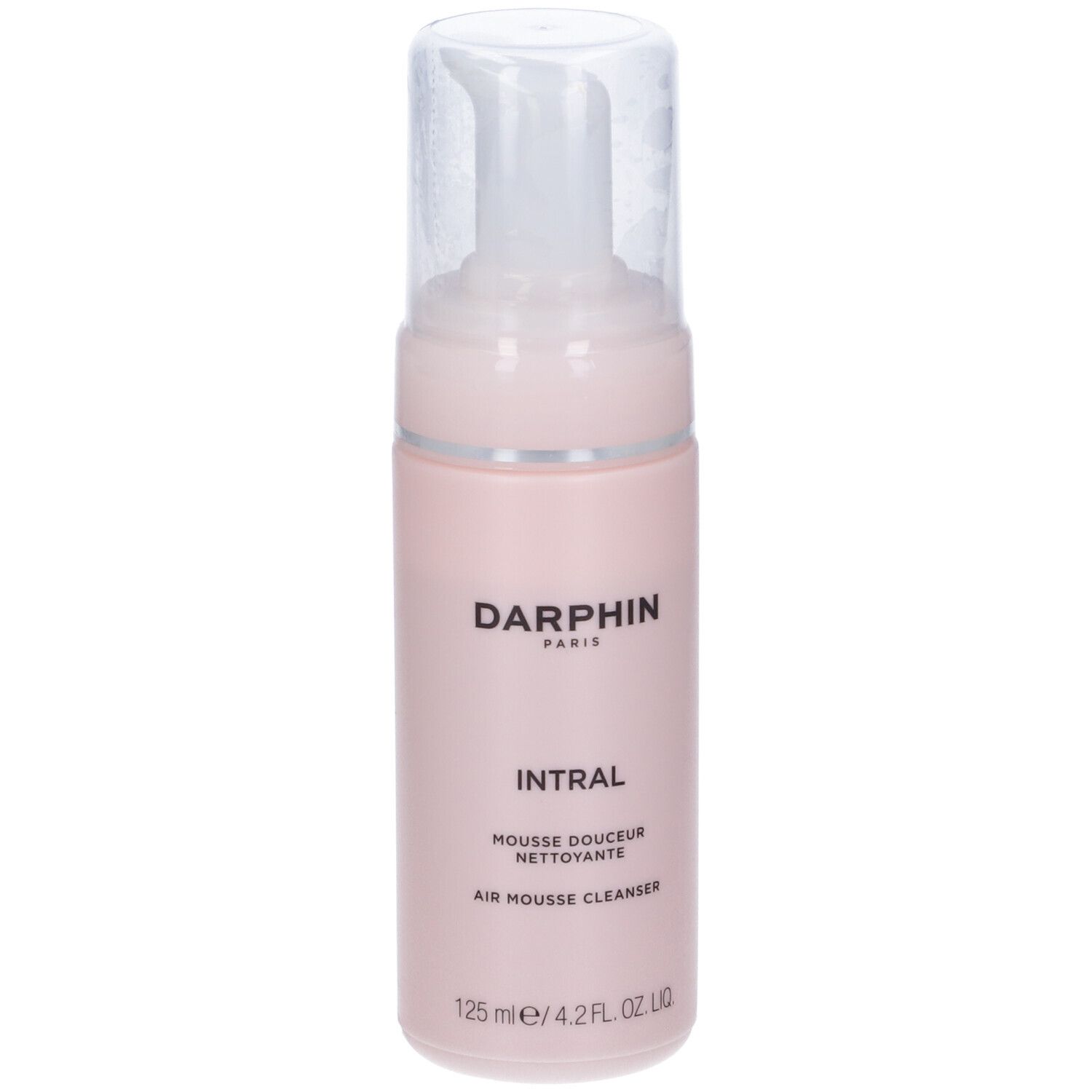 Flacone rosa con erogatore trasparente. Scritte: Darphin, Intral, Air Mousse Cleanser. Capacità: 125 ml.