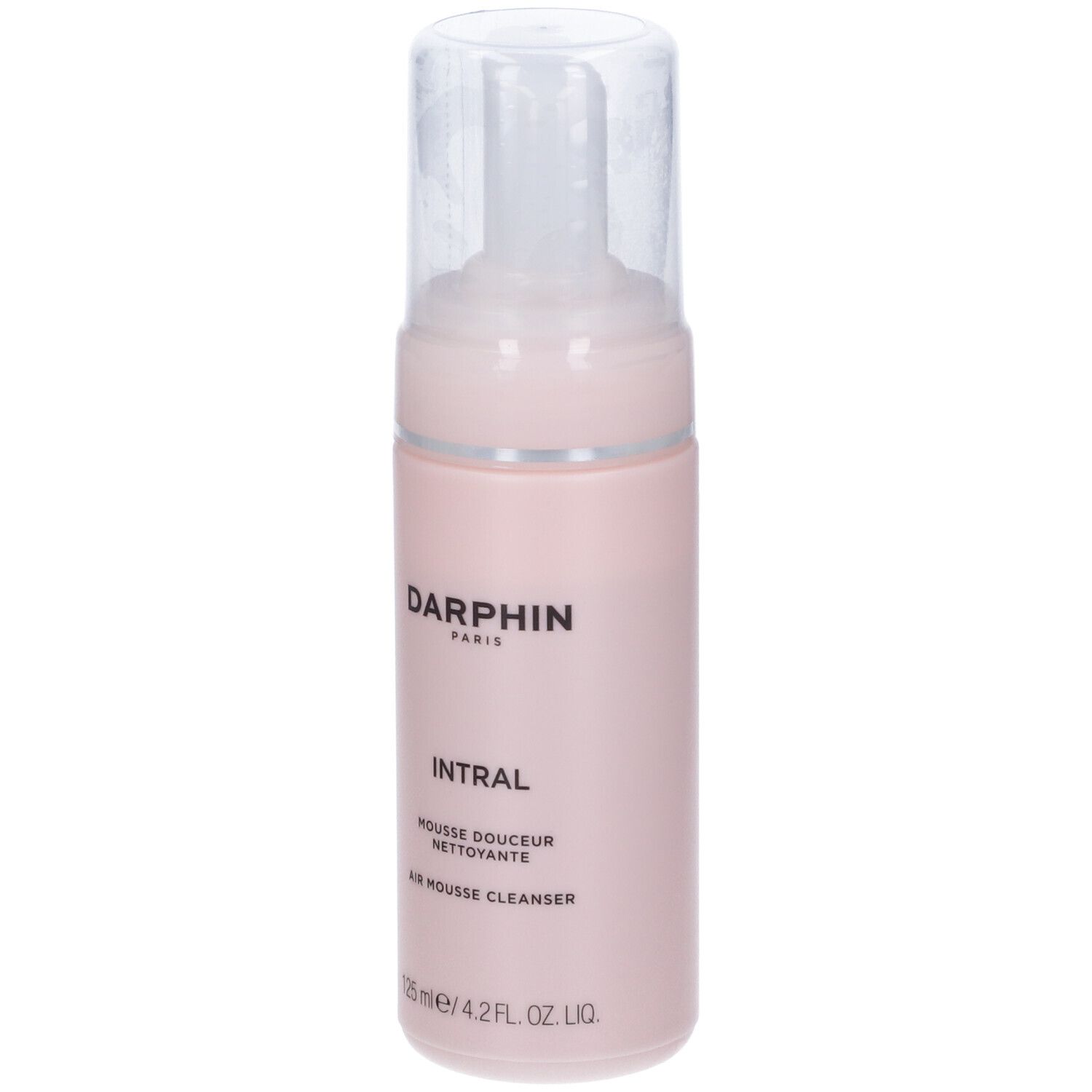 Flacone rosa con erogatore trasparente. Scritte: Darphin, Intral, Air Mousse Cleanser. Capacità: 125 ml.