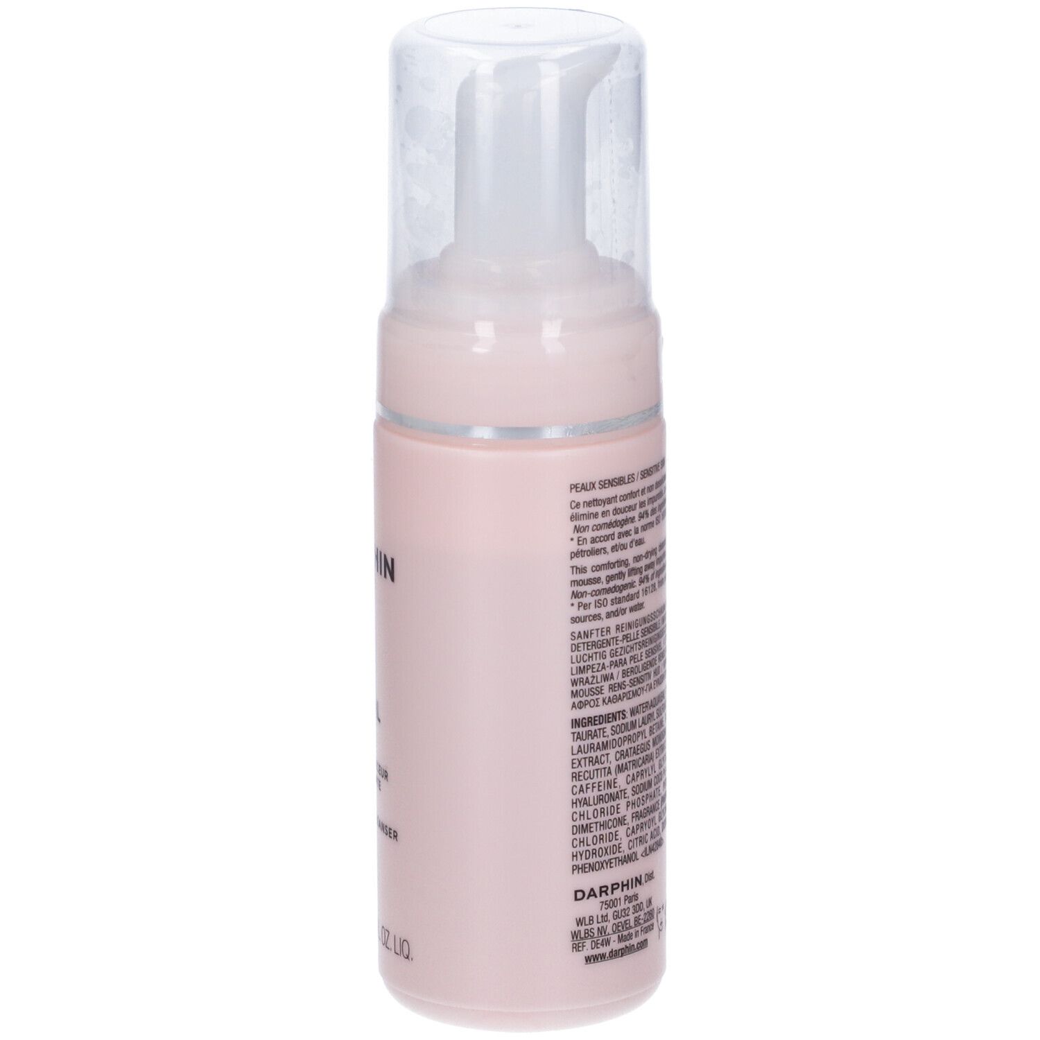 Flacone rosa con erogatore trasparente. Testo sul lato. Capacità: 125 ml.