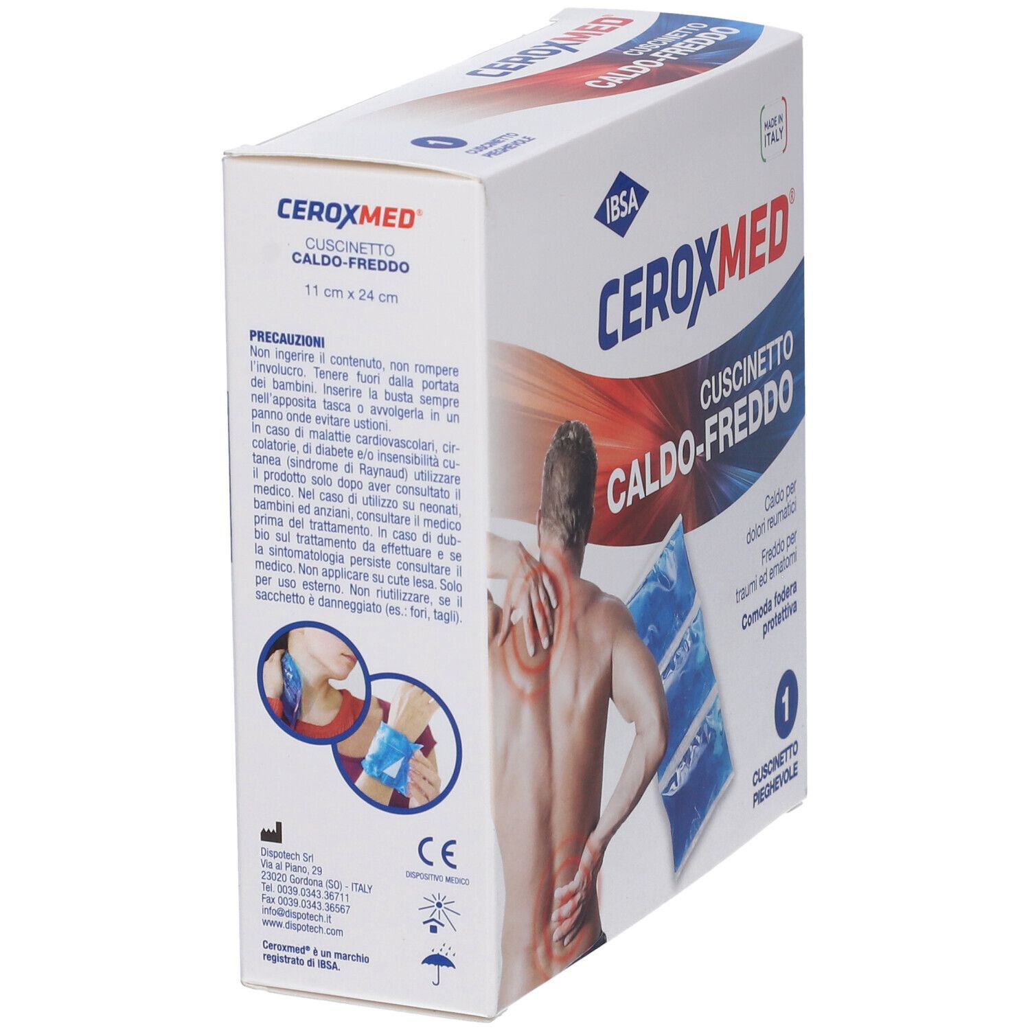 Vista laterale della confezione Ceroxmed Cuscinetto Caldo-Freddo. Testo: 11 cm x 24 cm, IBSA. Illustrazione di uomo con dolore.