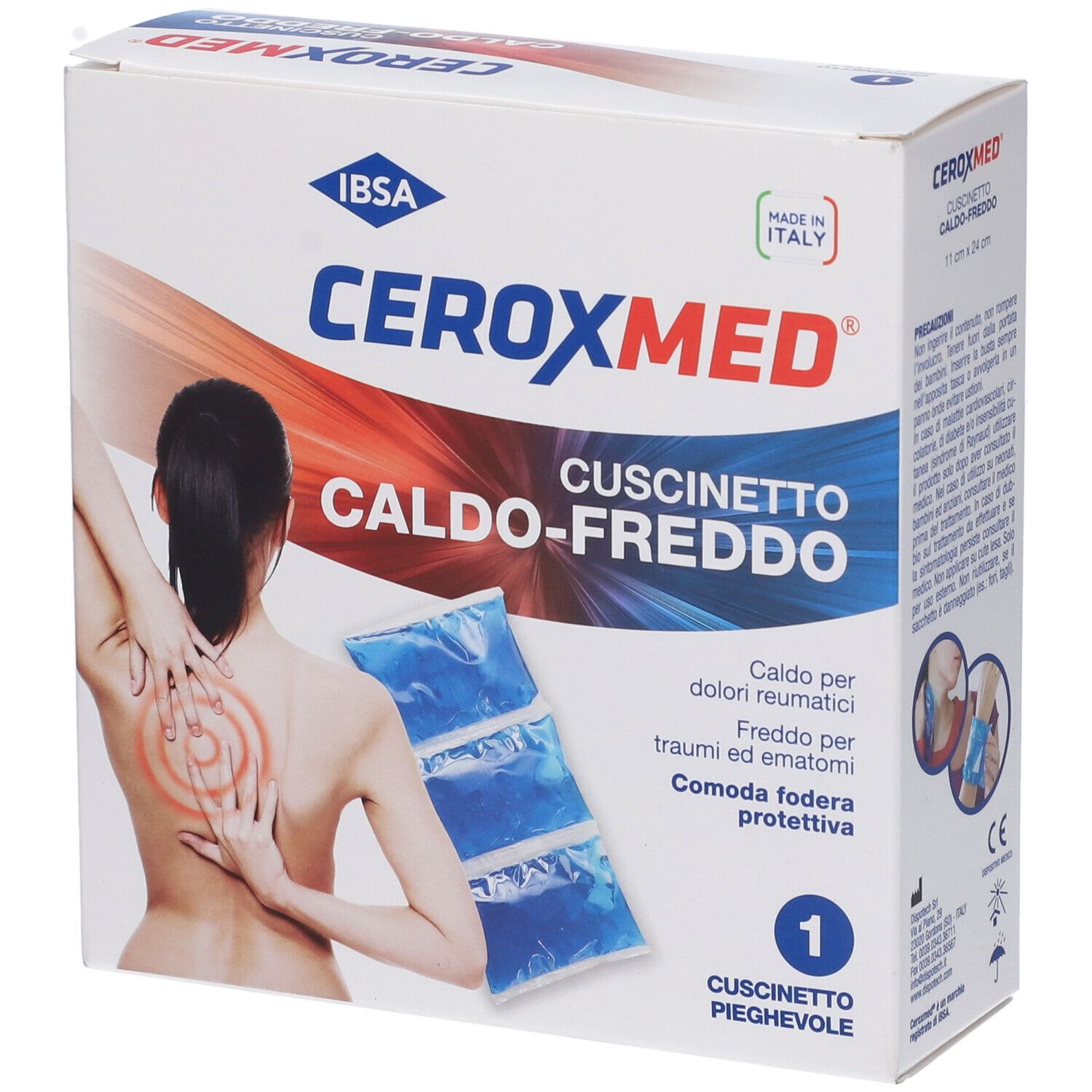 Confezione di Ceroxmed Cuscinetto Caldo-Freddo. Cuscini blu, illustrazione di donna con dolore. Testo: Caldo-Freddo, IBSA.