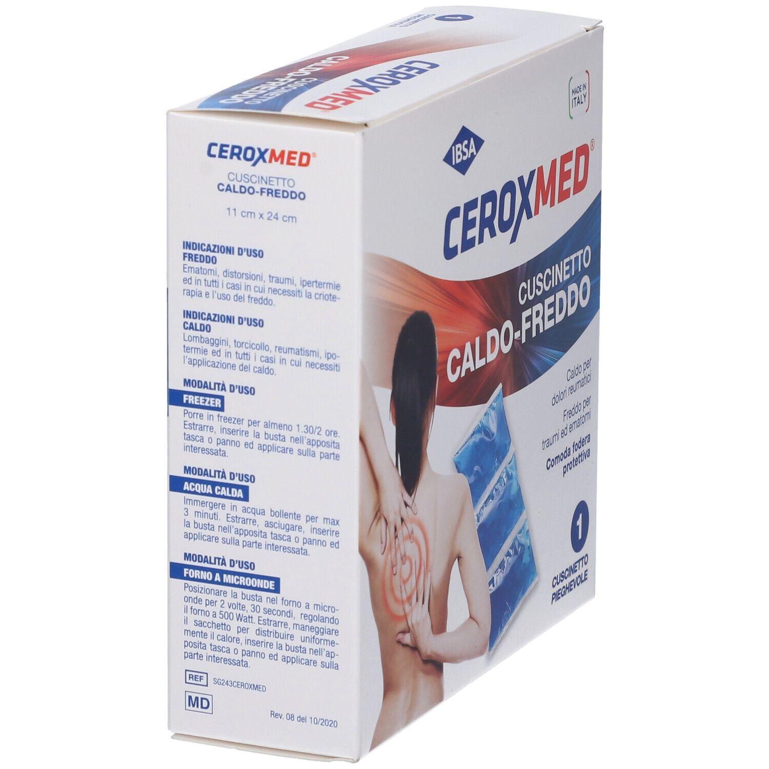Vista laterale della confezione Ceroxmed Cuscinetto Caldo-Freddo. Testo: 11 cm x 24 cm, IBSA. Istruzioni e illustrazione di uomo.