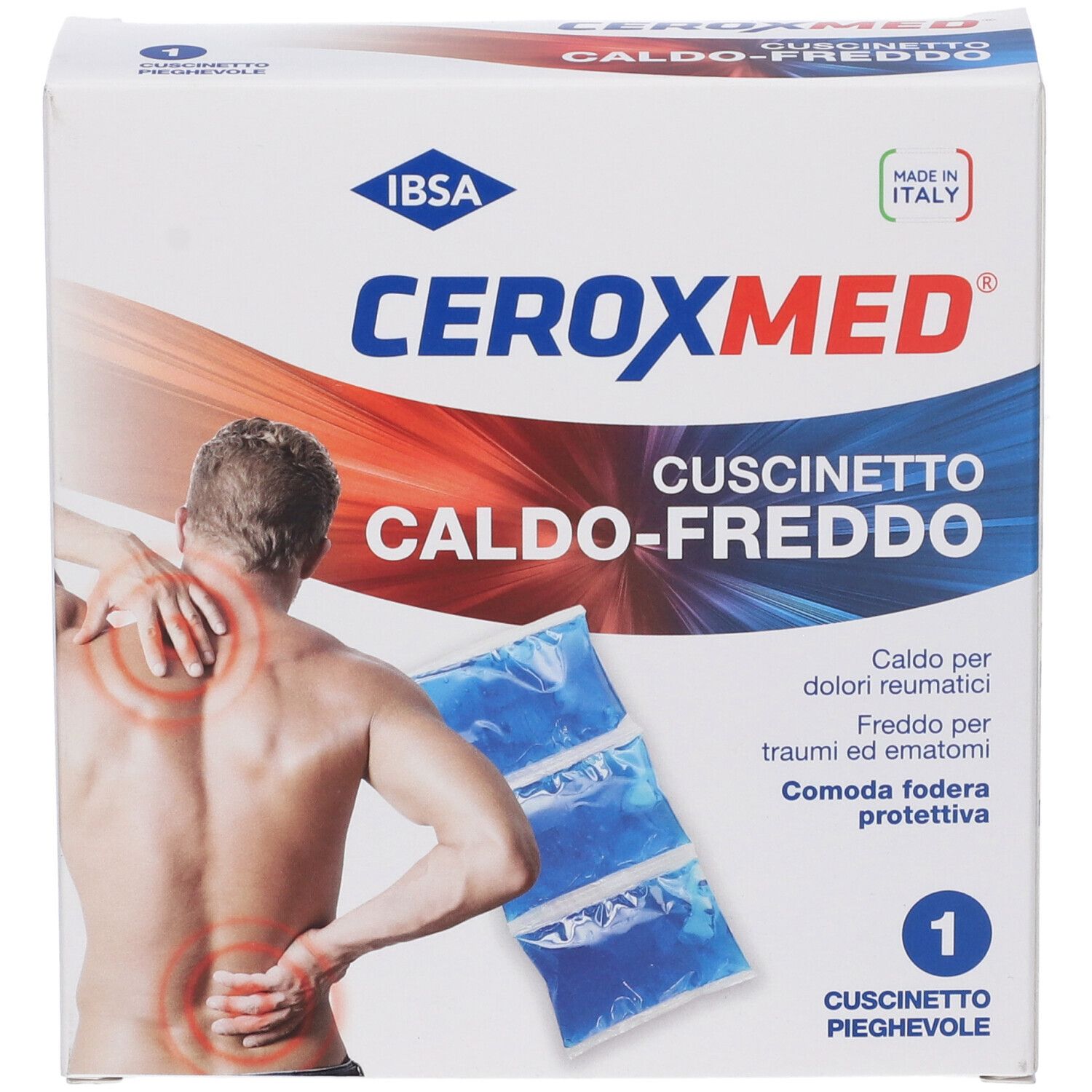 Confezione di Ceroxmed Cuscinetto Caldo-Freddo. Cuscini blu, illustrazione di uomo con dolore. Testo: Caldo-Freddo, IBSA.