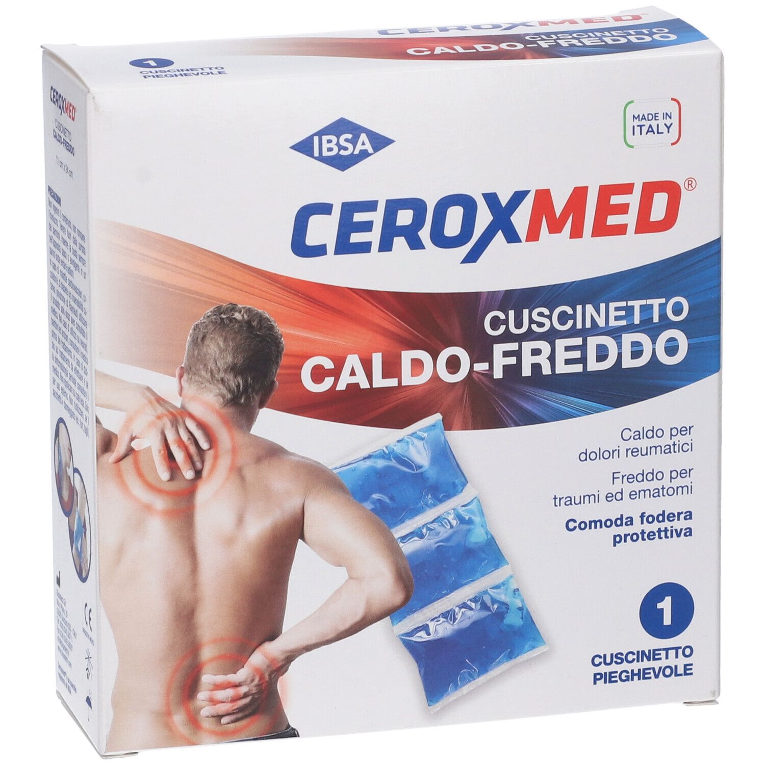 Confezione di Ceroxmed Cuscinetto Caldo-Freddo. Cuscini blu, illustrazione di uomo con dolore. Testo: Caldo-Freddo, IBSA.