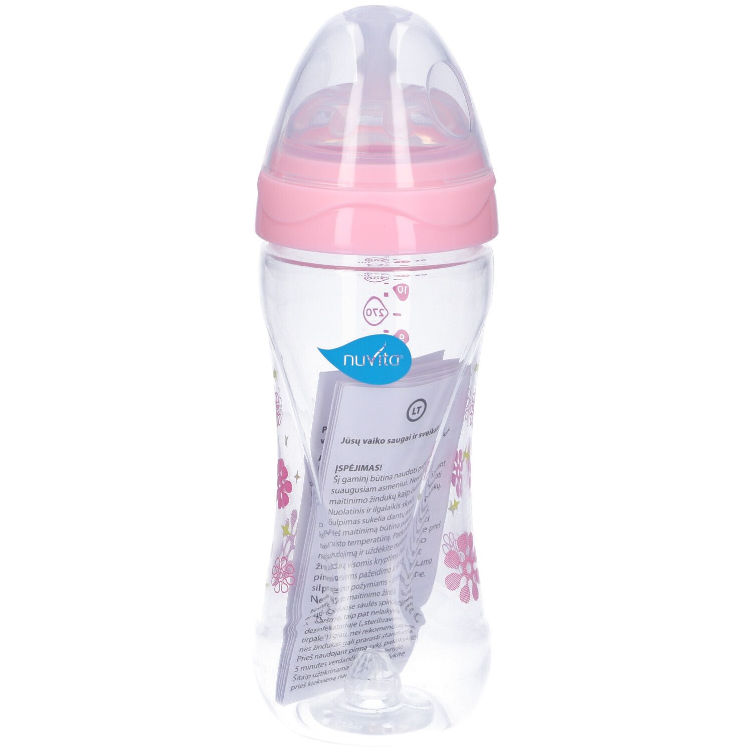 Biberon con coperchio e tettarella rosa. Corpo trasparente con motivi floreali. Foglio illustrativo incluso. Marchio Nuvita.