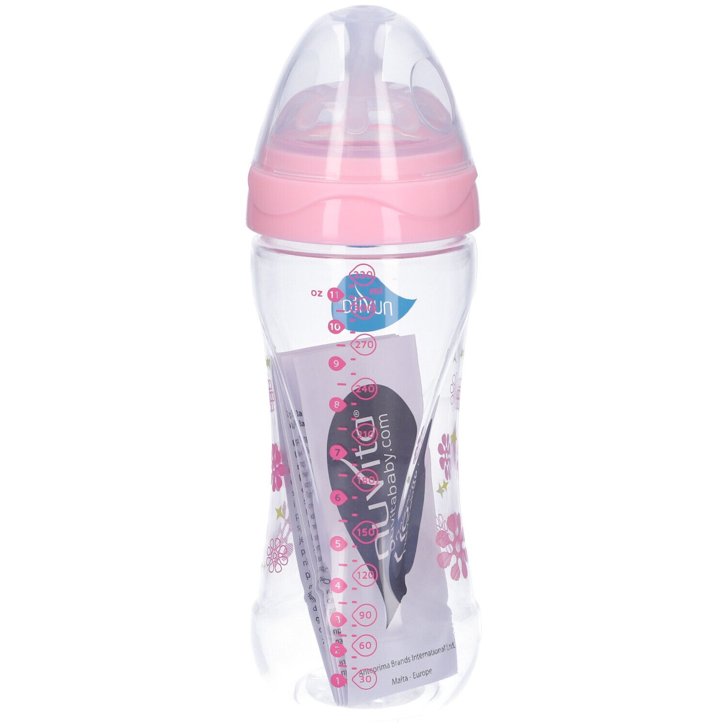 Biberon con coperchio e tettarella rosa. Corpo trasparente con motivi floreali. Foglio illustrativo incluso. Marchio Nuvita.