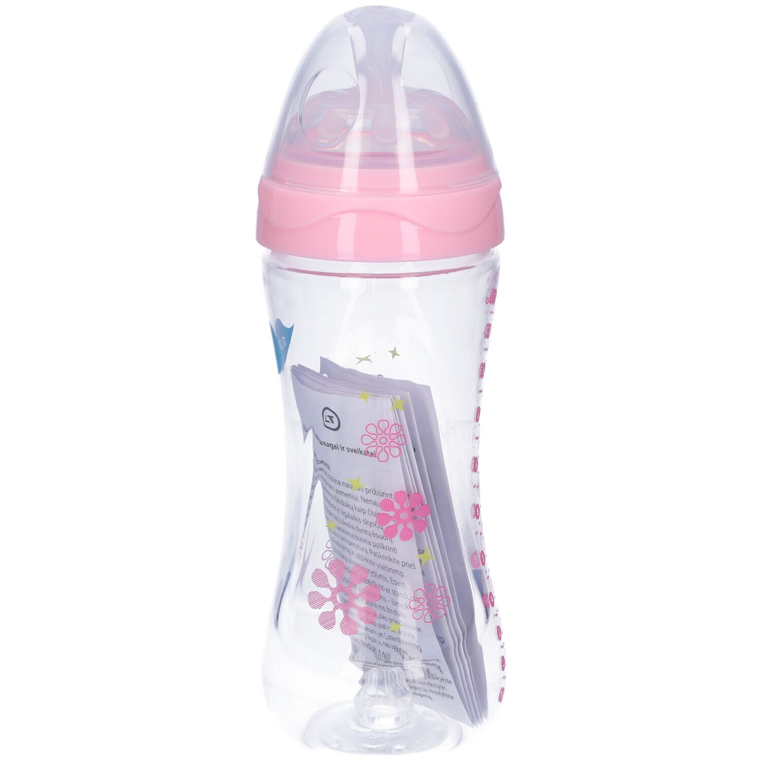 Biberon con coperchio e tettarella rosa. Corpo trasparente con motivi floreali. Foglio illustrativo incluso. Marchio Nuvita.