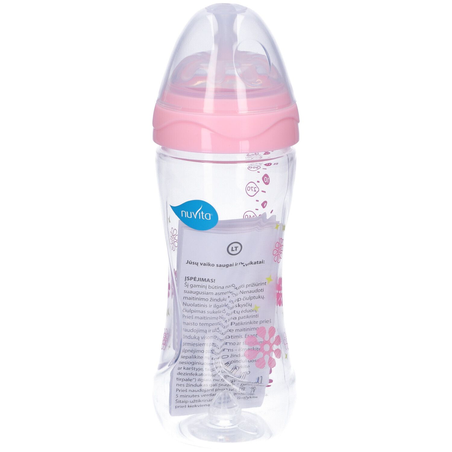 Biberon con coperchio e tettarella rosa. Corpo trasparente con motivi floreali. Foglio illustrativo incluso. Marchio Nuvita.