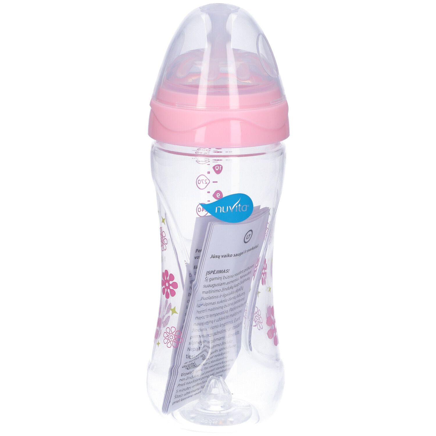 Biberon con coperchio e tettarella rosa. Corpo trasparente con motivi floreali. Foglio illustrativo incluso. Marchio Nuvita.