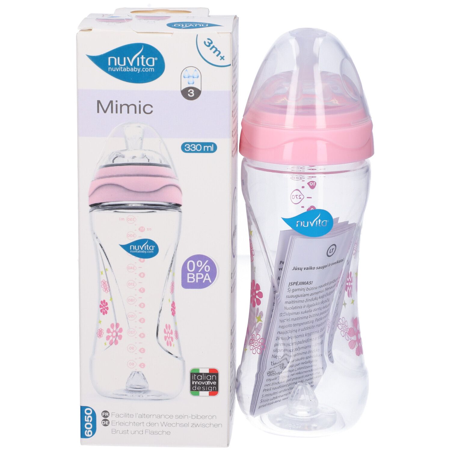 Biberon e confezione. Bottiglia rosa, trasparente, con motivi floreali. Confezione con nome del prodotto, marchio e dettagli.