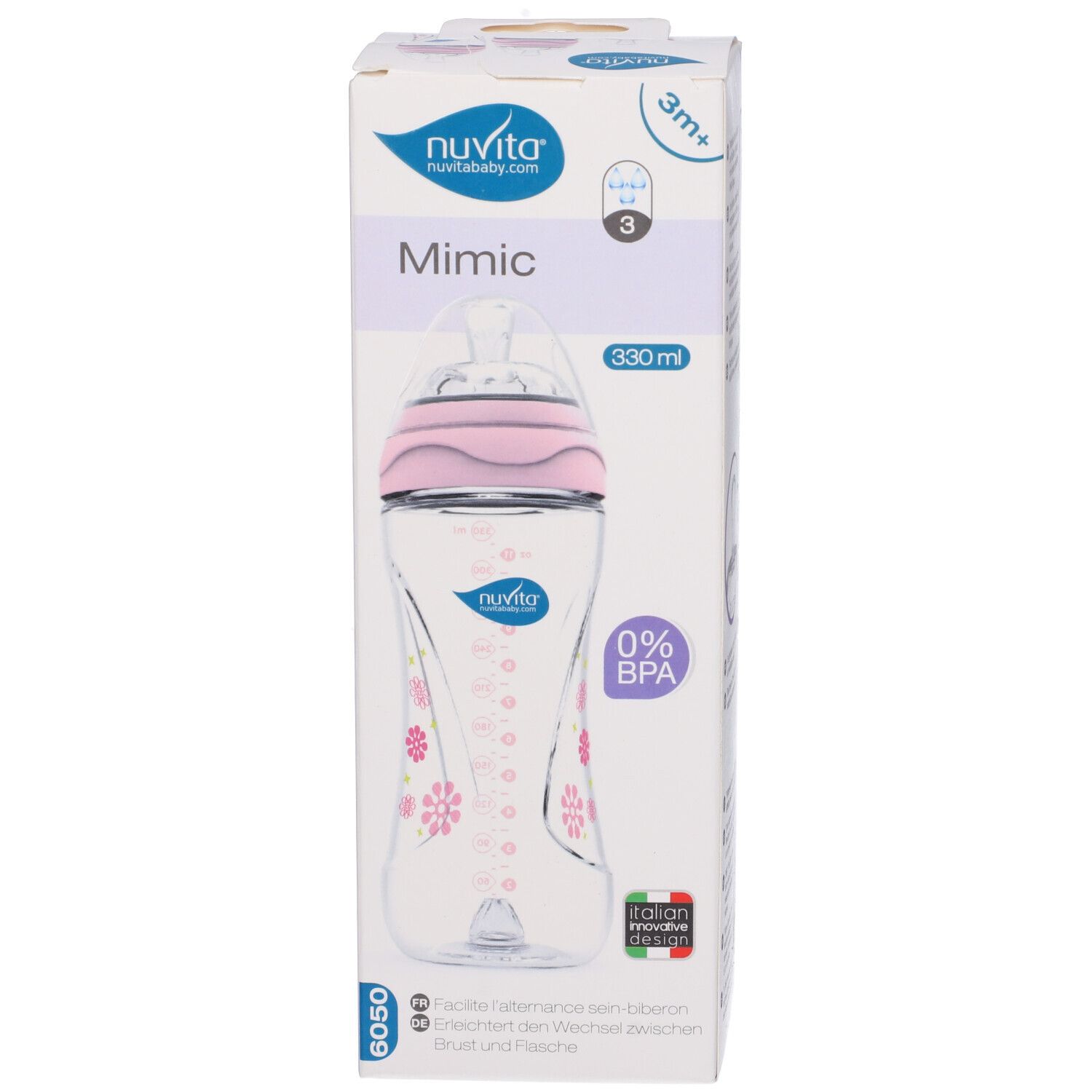 Biberon e confezione. Bottiglia rosa, trasparente, con motivi floreali. Confezione con nome del prodotto, marchio e dettagli.