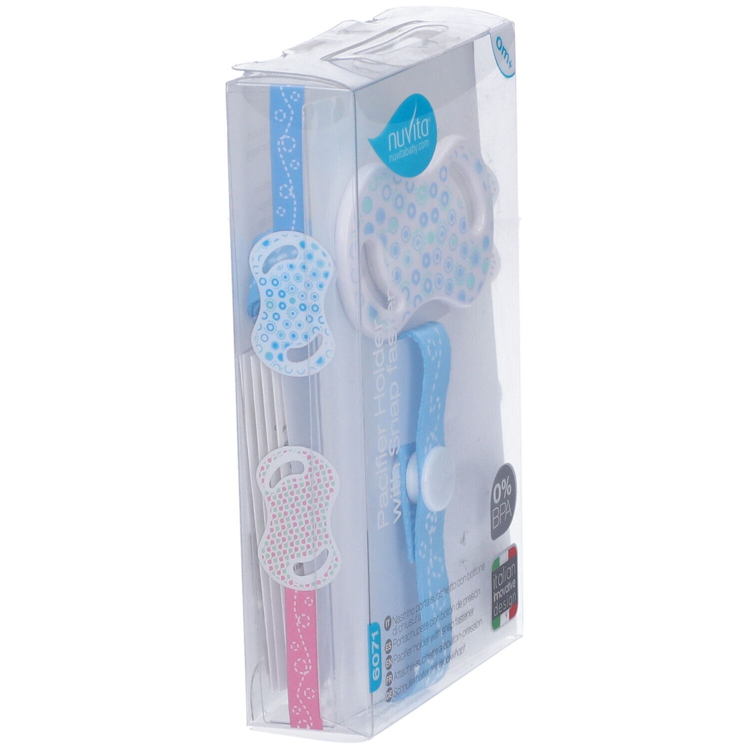 Set porta-ciuccio Nuvita con due cordini e due ciucci blu e rosa.