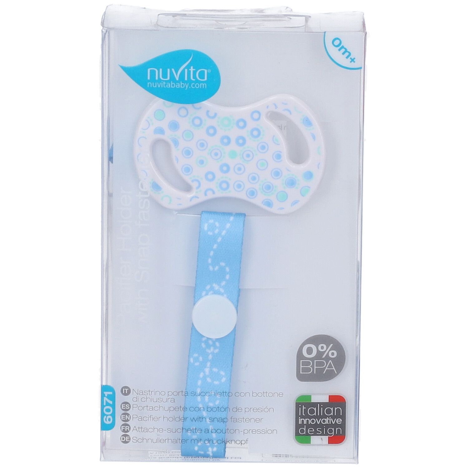 Portasucchietto Nuvita con nastro blu e chiusura a bottone. Senza BPA.