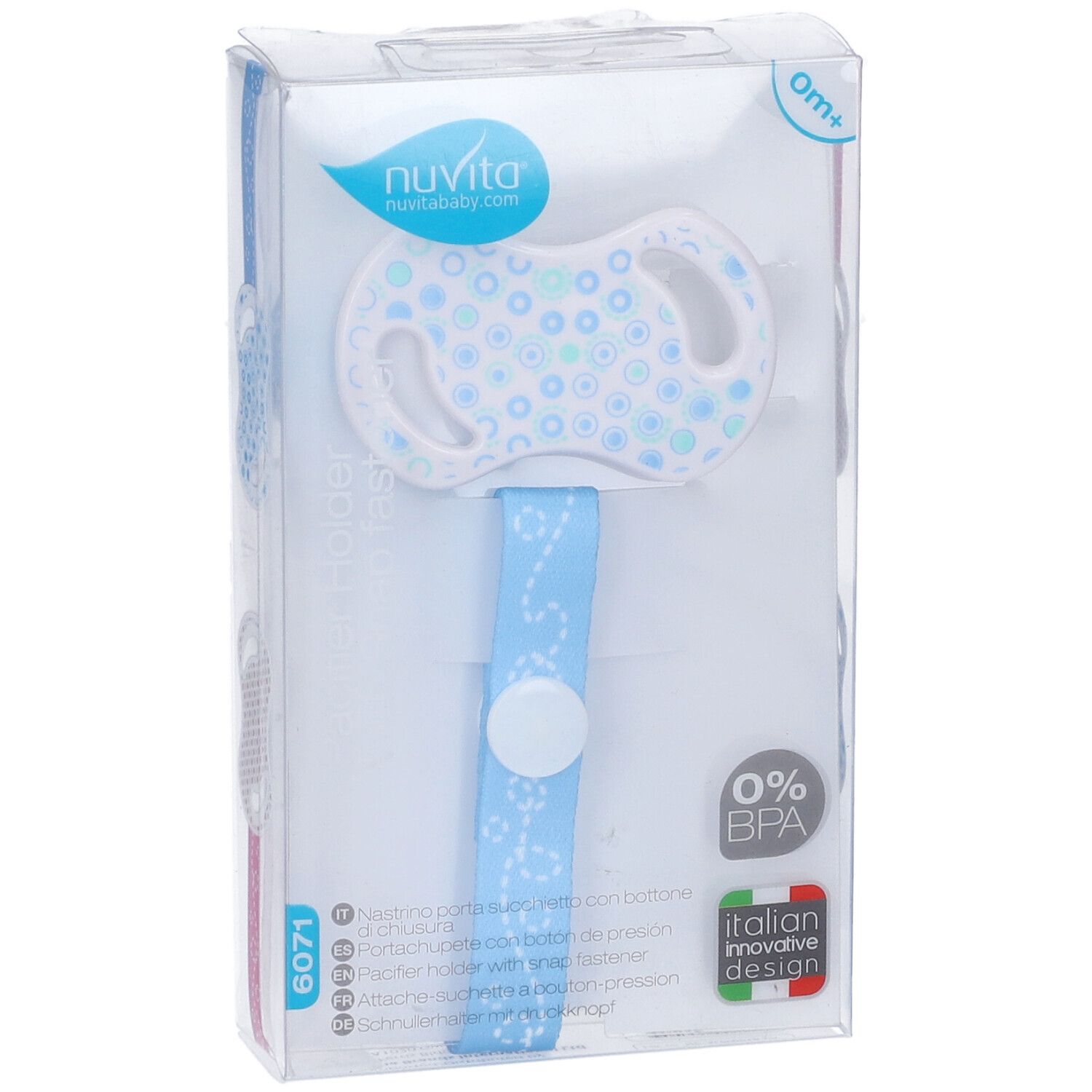 Portasucchietto Nuvita con nastro blu e bottone bianco, nella confezione.