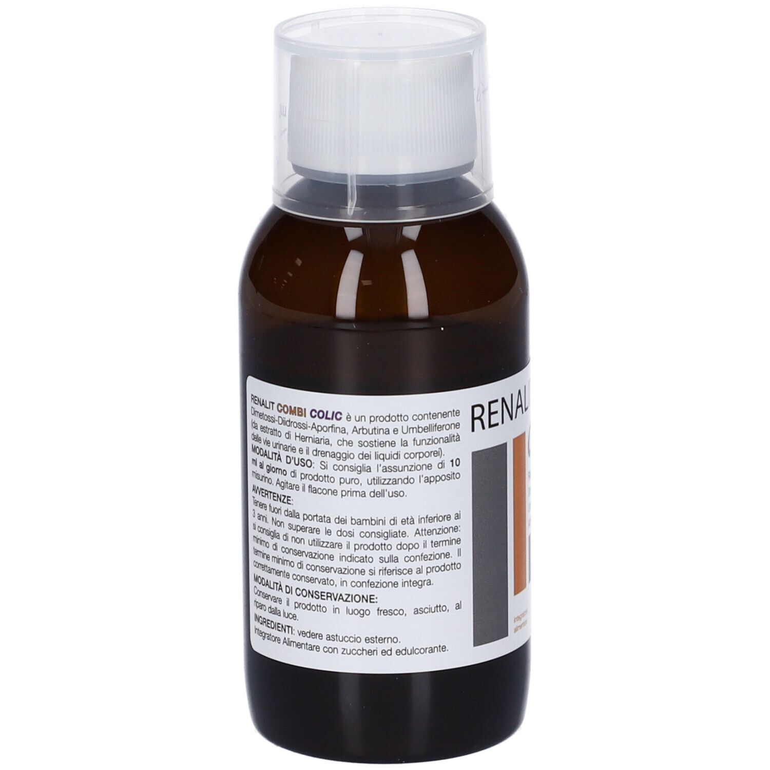 Flacone marrone con tappo bianco. Testo: RENALIT-COMBI COLIC, 120 ml. Bio-Stilogit Pharmaceuticals. Sigillo UE.