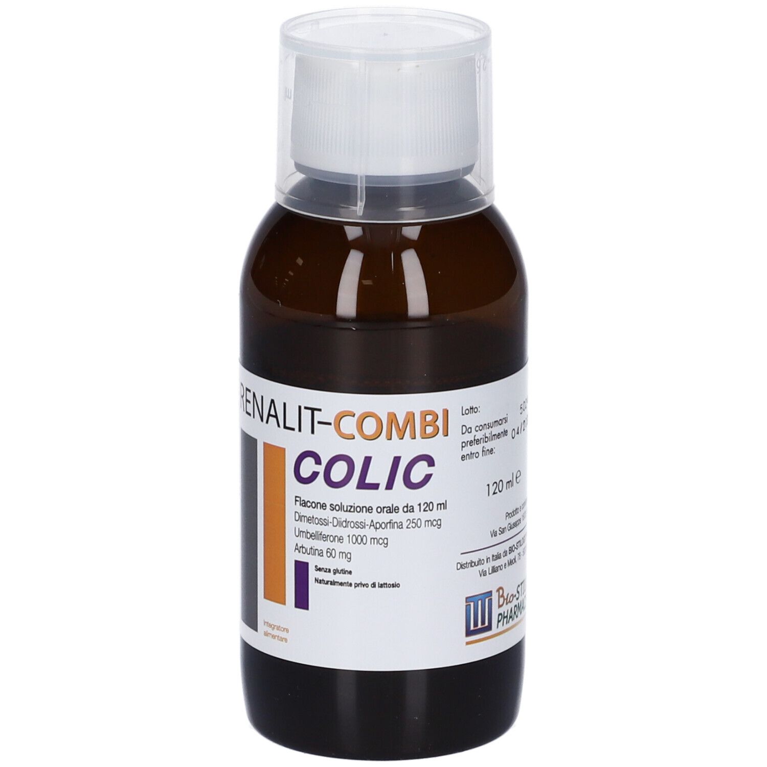 Flacone marrone con tappo bianco. Testo: RENALIT-COMBI COLIC, 120 ml. Senza glutine. Bio-Stilogit Pharmaceuticals.