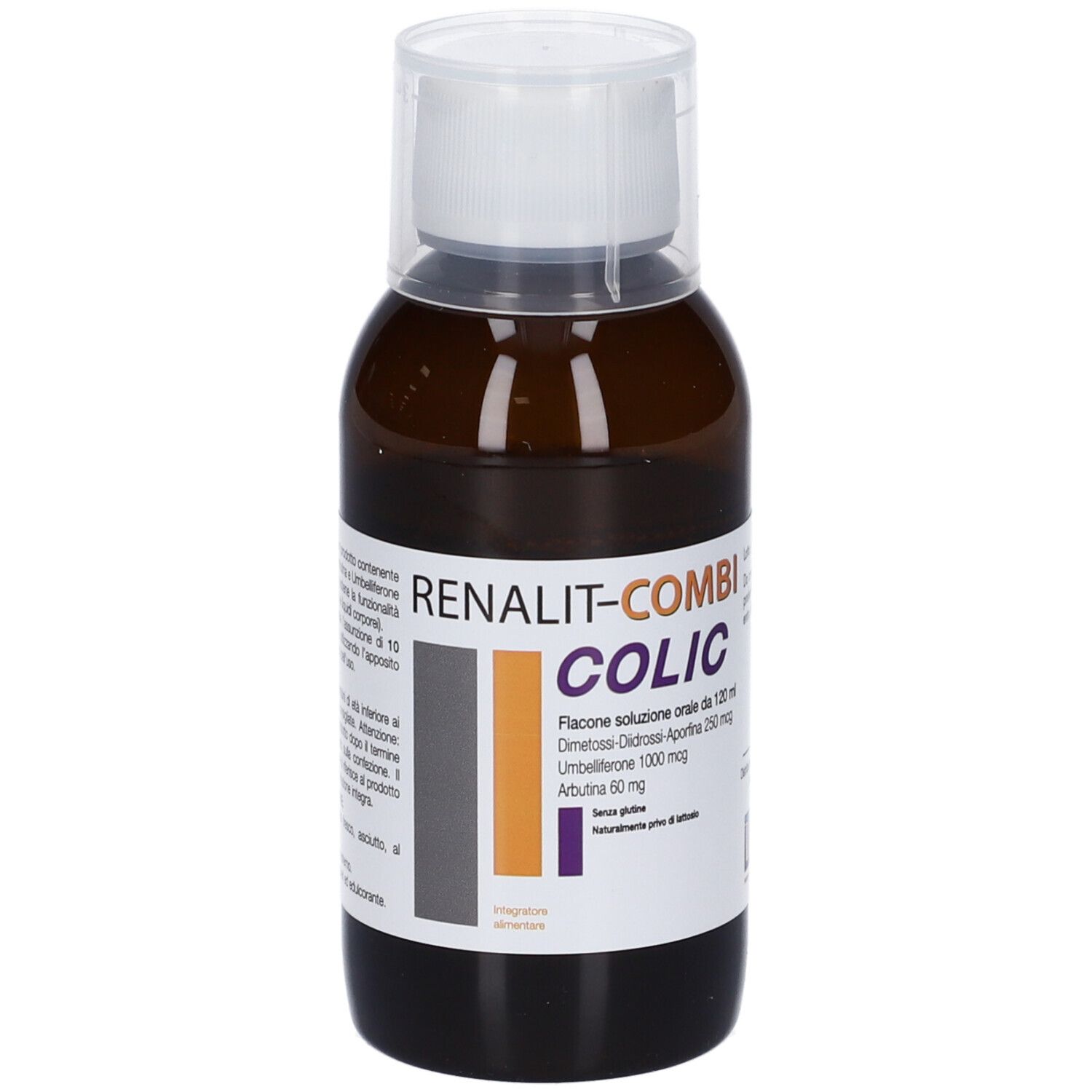 Flacone marrone con tappo bianco. Testo: RENALIT-COMBI COLIC, 120 ml. Senza glutine. Bio-Stilogit Pharmaceuticals.