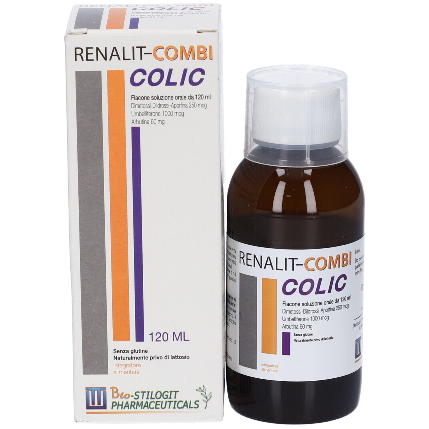 Prodotto e scatola. Flacone marrone con tappo bianco. Testo: RENALIT-COMBI COLIC, 120 ml. Bio-Stilogit Pharmaceuticals.