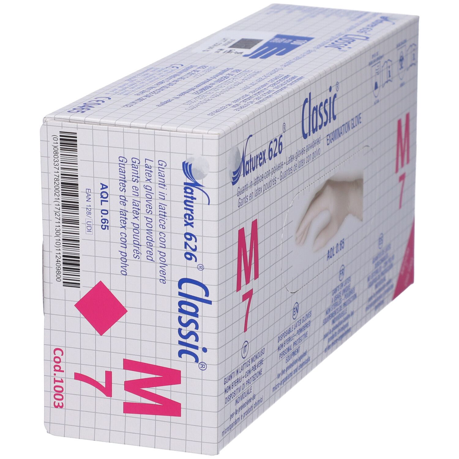 Scatola di guanti in lattice in diagonale. Scritta: Naturex 626 Classic, M 7. Accento rosa. Codice a barre e testo.