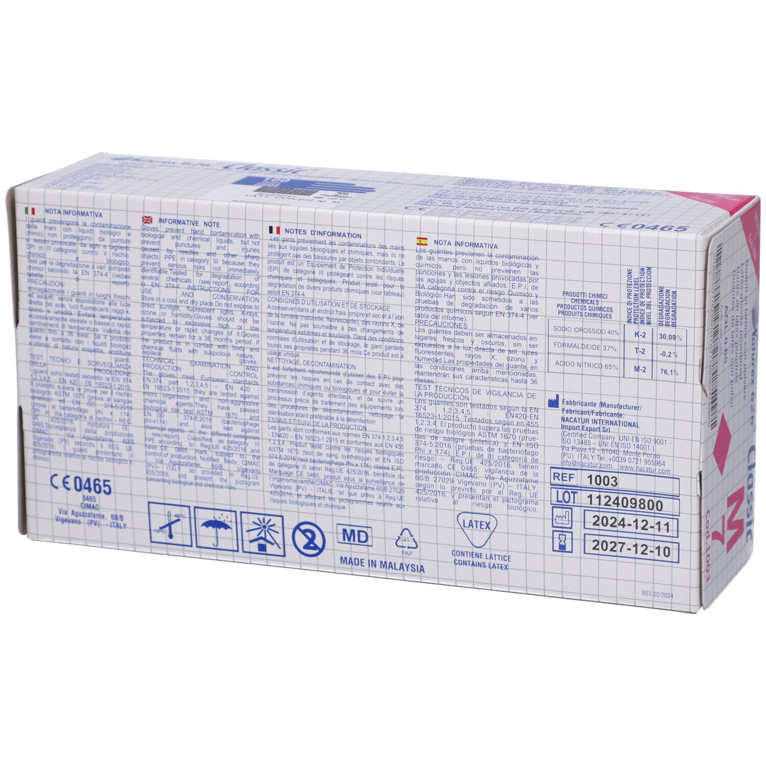 Retro della scatola di guanti in lattice. Testo multilingue. Informazioni e simboli. Date di scadenza.