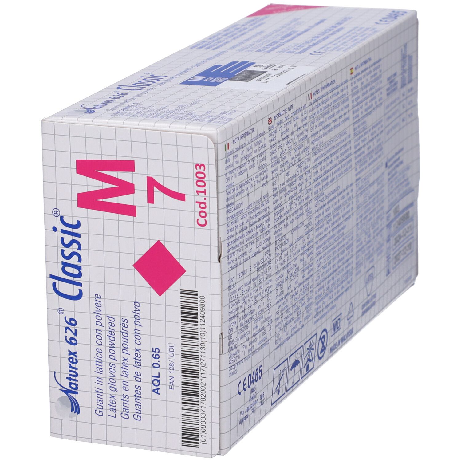 Scatola di guanti in lattice in diagonale. Scritta: Naturex 626 Classic, M 7. Accento rosa. Codice a barre.