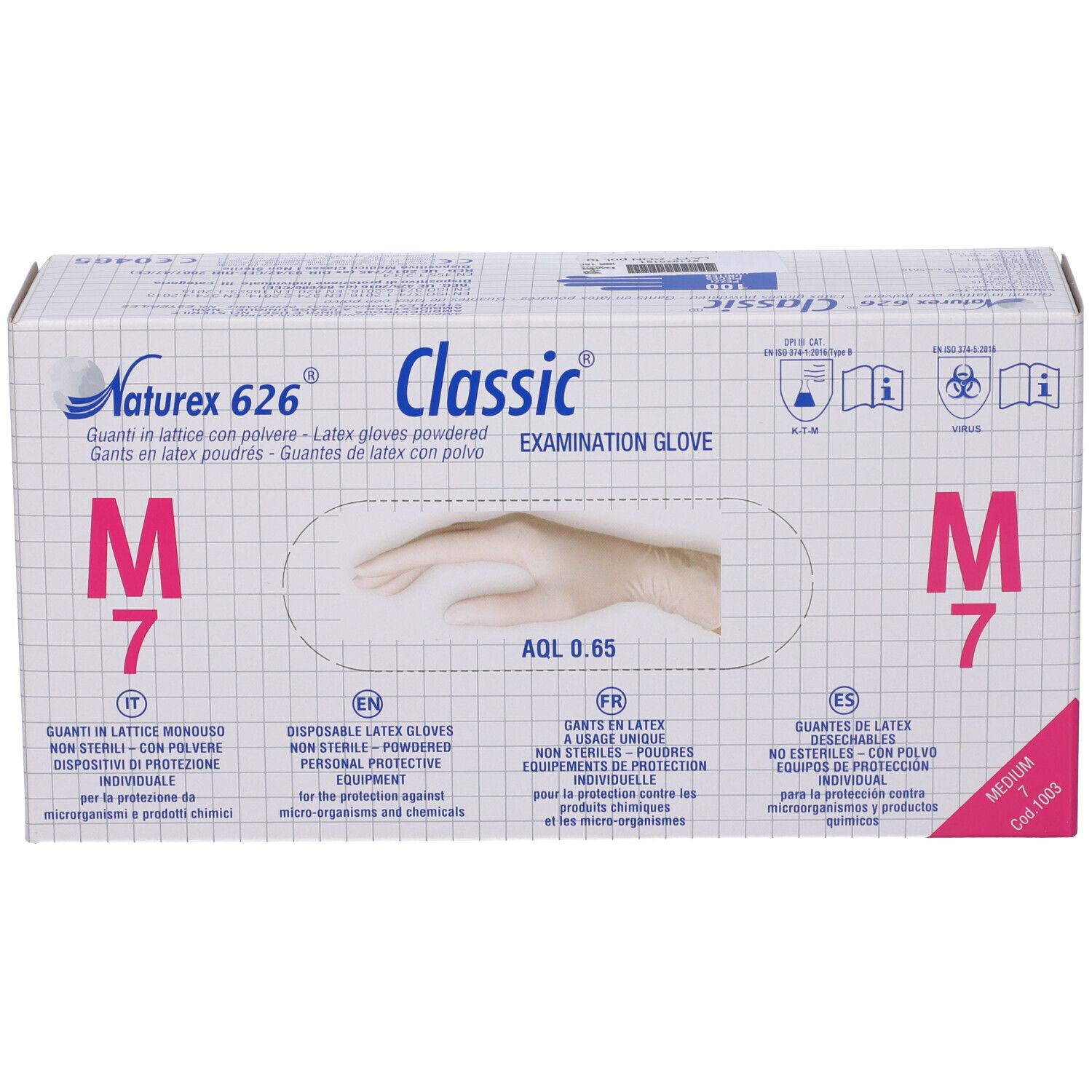 Scatola di guanti in lattice. Scritta: Naturex 626 Classic, M 7, Examination Glove. Finestra con mano. Accento rosa.