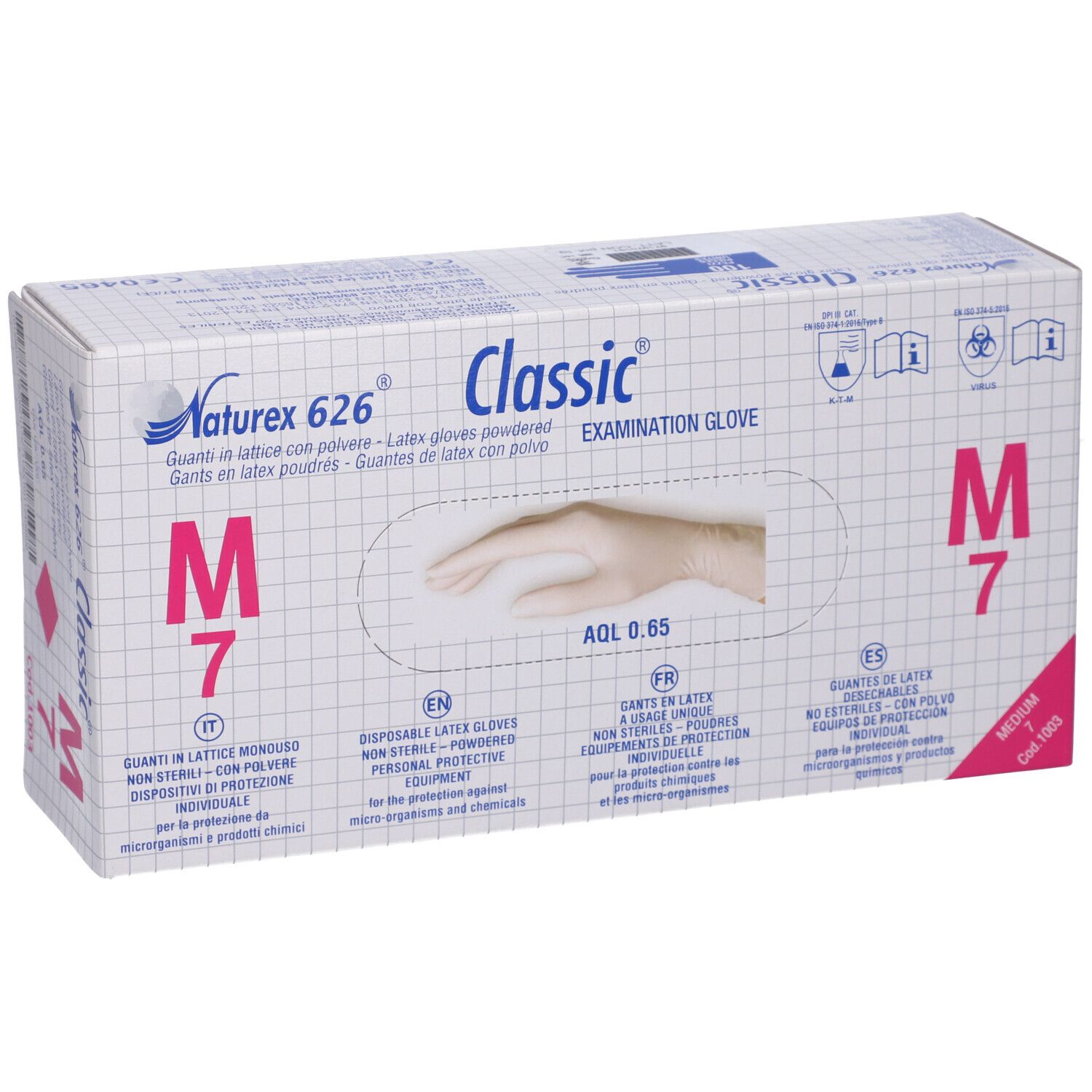 Scatola di guanti in lattice. Scritta: Naturex 626 Classic, M 7, Examination Glove. Finestra con mano. Accento rosa.