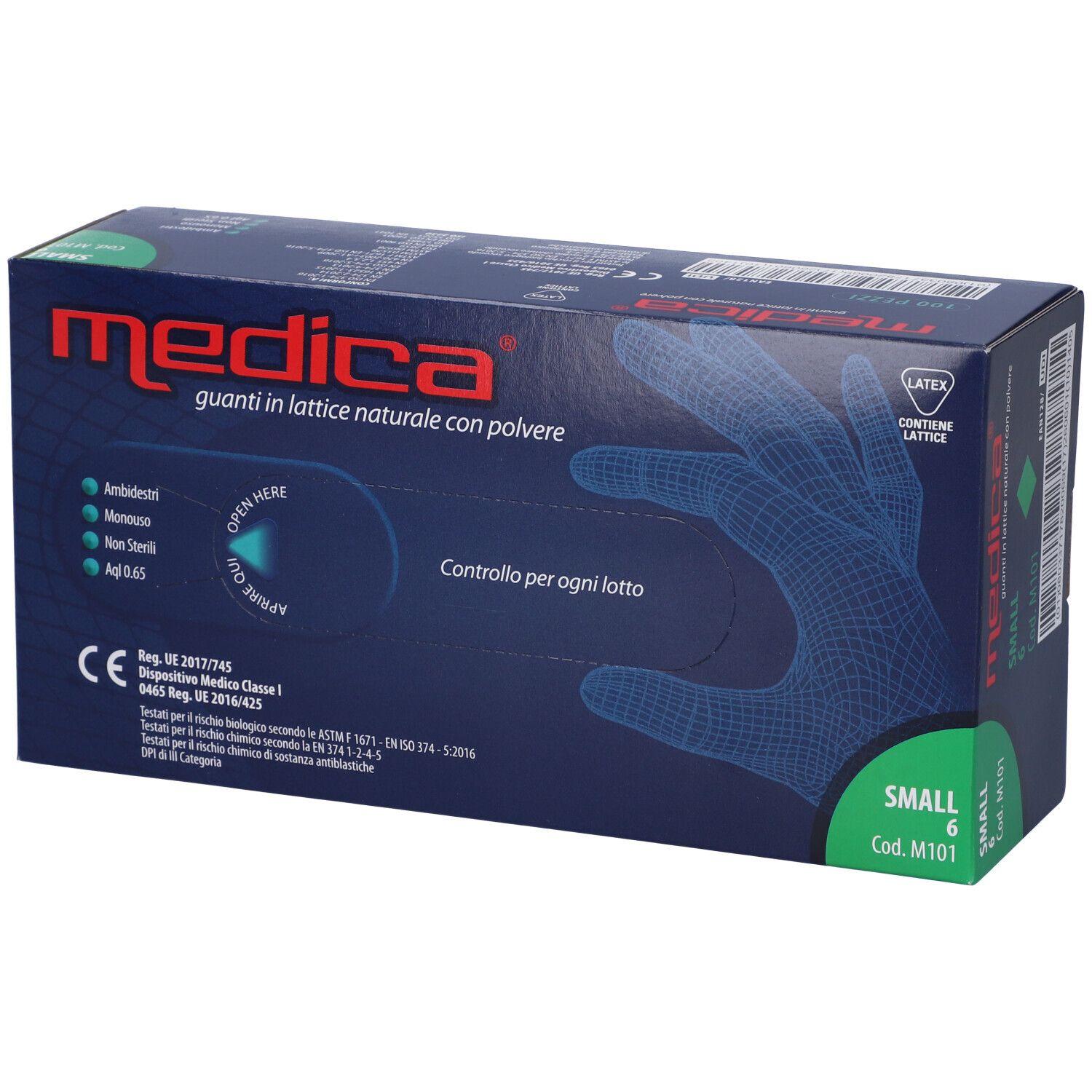 Scatola blu scuro con simbolo della mano. Testo: Medica, Guanti in lattice naturale con polvere, taglia S, 6 pezzi. Marchio CE.