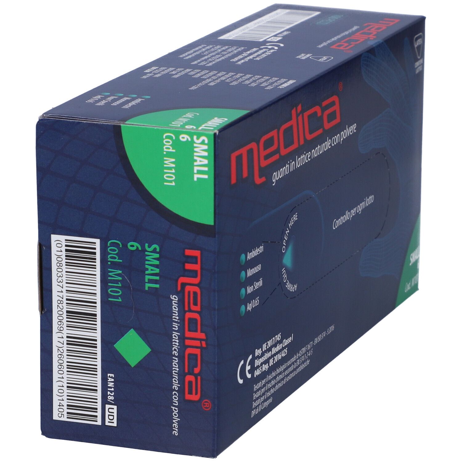 Scatola blu scuro, testo: Medica, Guanti in lattice naturale con polvere, taglia S, 6 pezzi. Codice a barre e marchio CE.