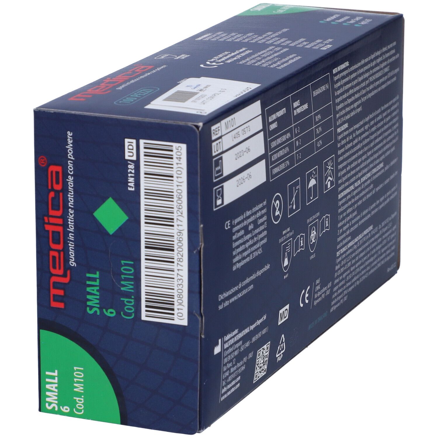 Scatola blu scuro, testo: Medica, Guanti in lattice naturale con polvere, taglia S, 6 pezzi. Codice a barre e marchio CE.